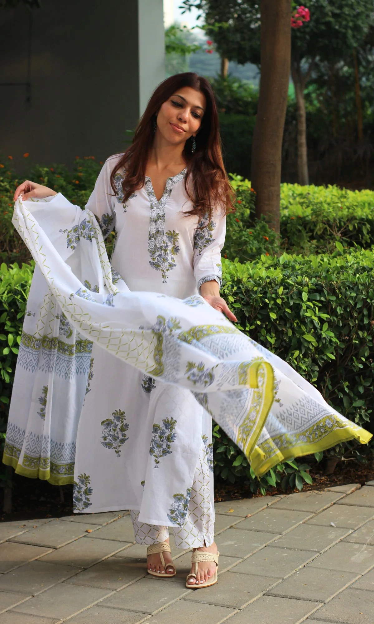 Cotton White Mughal Handblock Print Suit with Cotton Printed Dupatta - Image 4