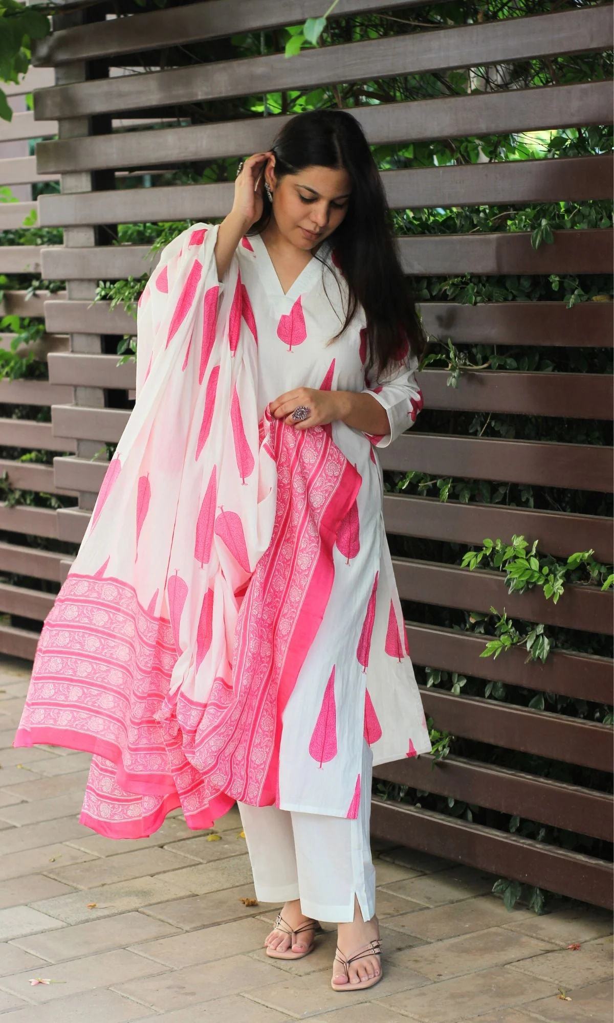 Cotton White & Pink Ashoka Print Suit with Cotton Printed Dupatta - Image 5