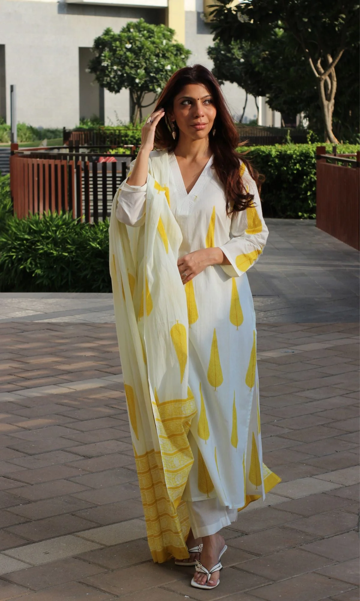 Cotton White & Yellow Ashoka Print Suit with Cotton Printed Dupatta - Image 2