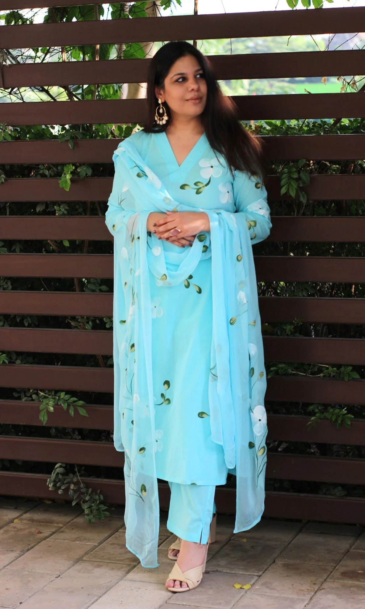 Cotton Ocean Blue Handbrush Suit Set with Chiffon Handpainted Dupatta - Image 5
