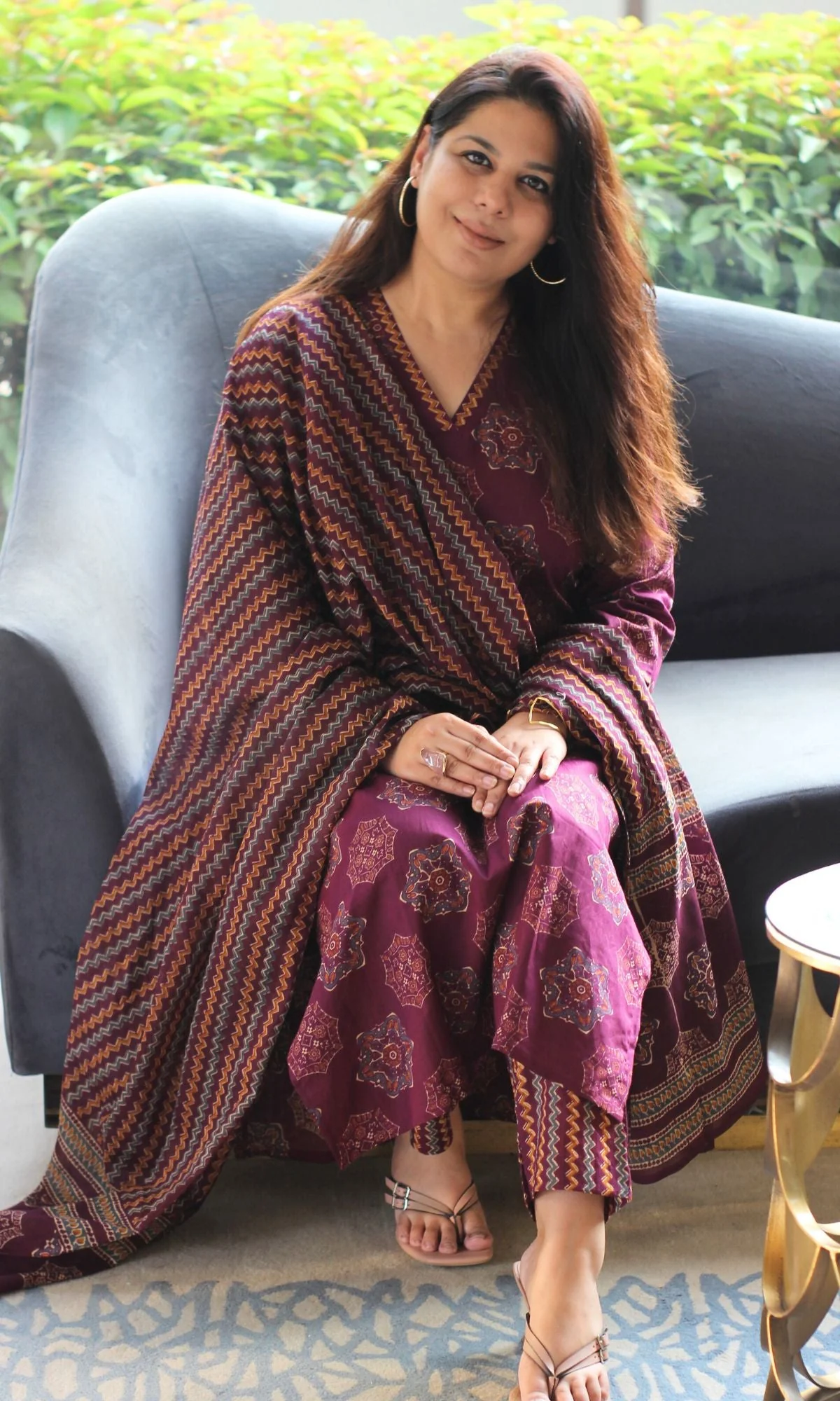 Cotton Wine Diamond Print Suit Set with Cotton Printed Dupatta - Image 2