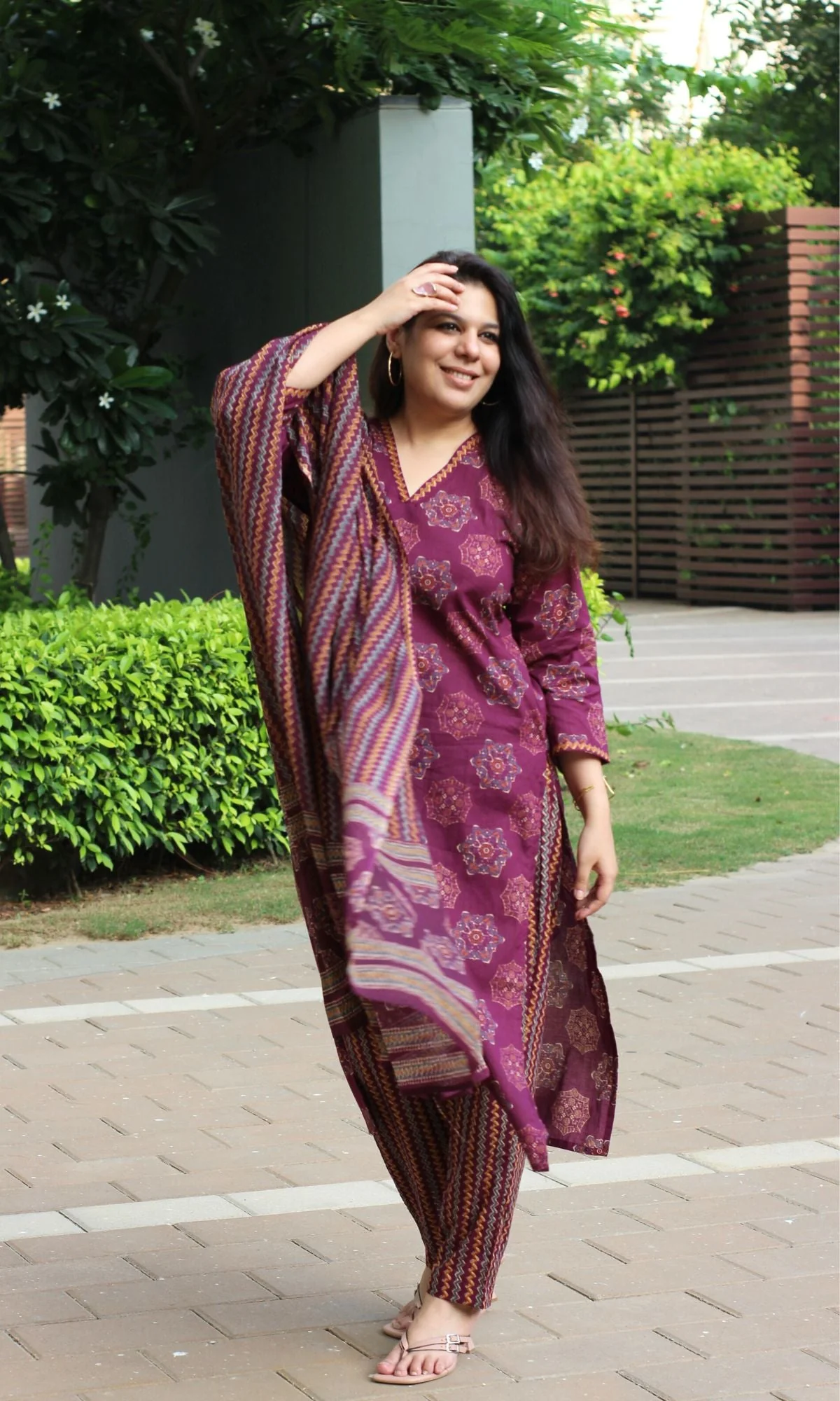 Cotton Wine Diamond Print Suit Set with Cotton Printed Dupatta - Image 5