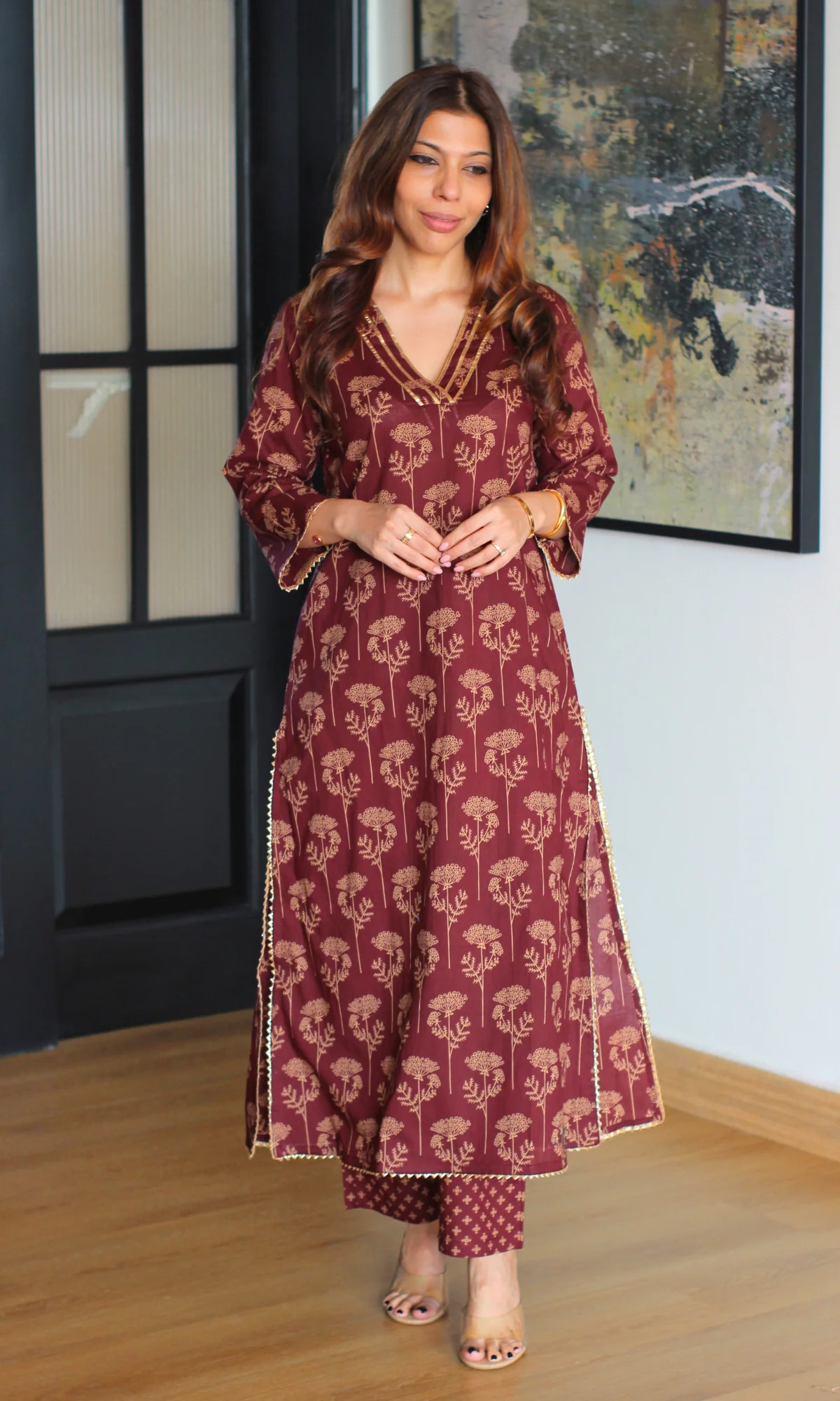 Cotton Wine & Gold Mughal Print Kurta & Pant - Image 5
