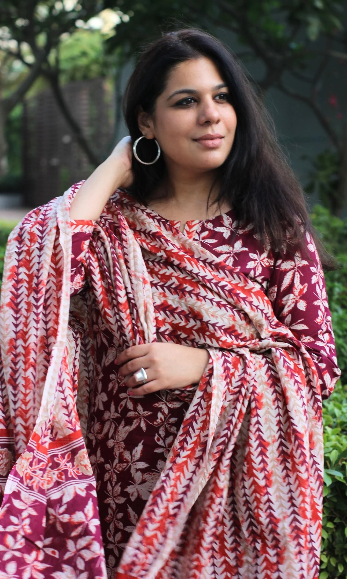 Cotton Wine & Orange Printed Suit Set with Cotton Printed Dupatta