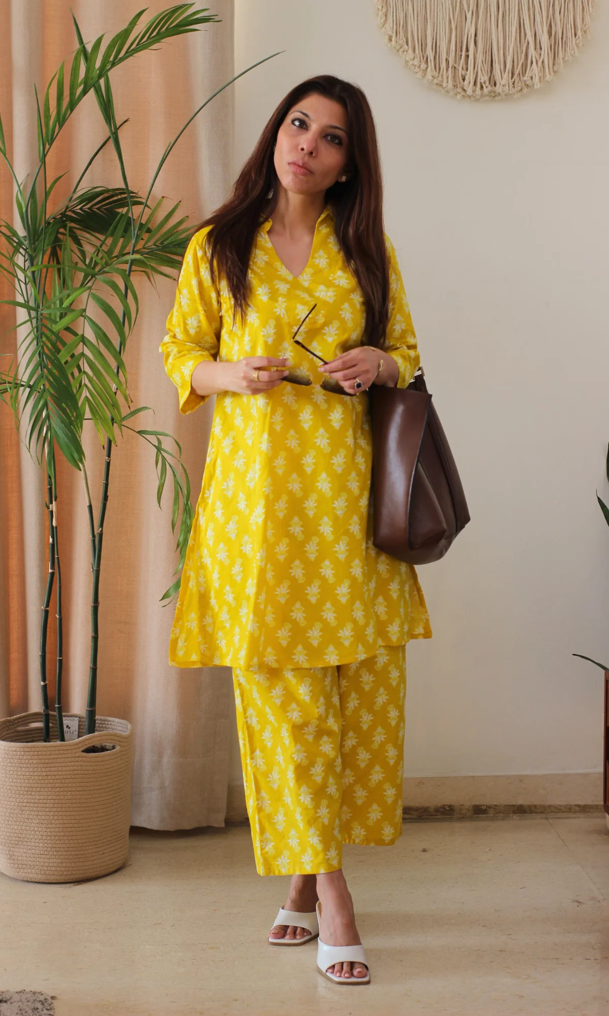 Cotton Yellow Booti Print Collared Neck Co-ord - Image 2