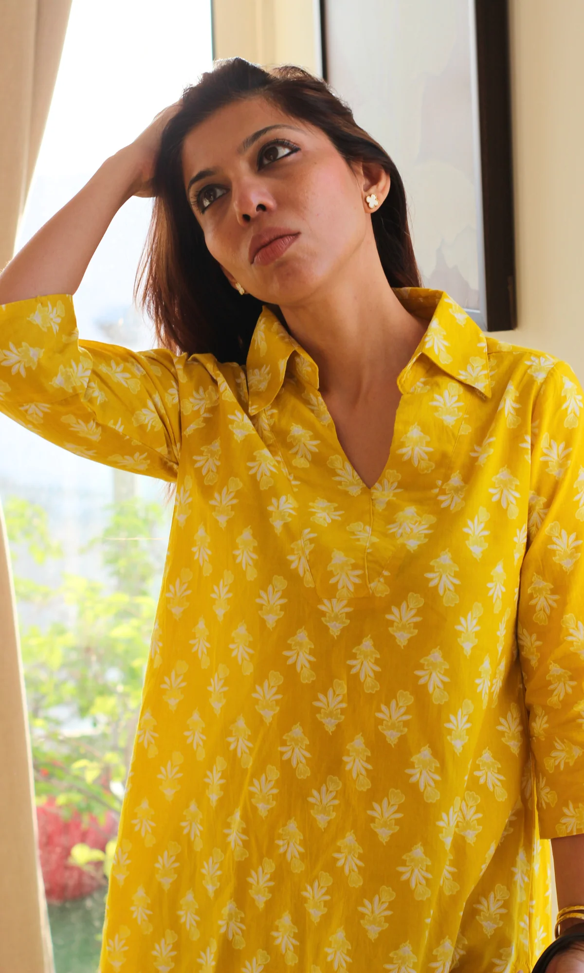Cotton Yellow Booti Print Collared Neck Co-ord - Image 3