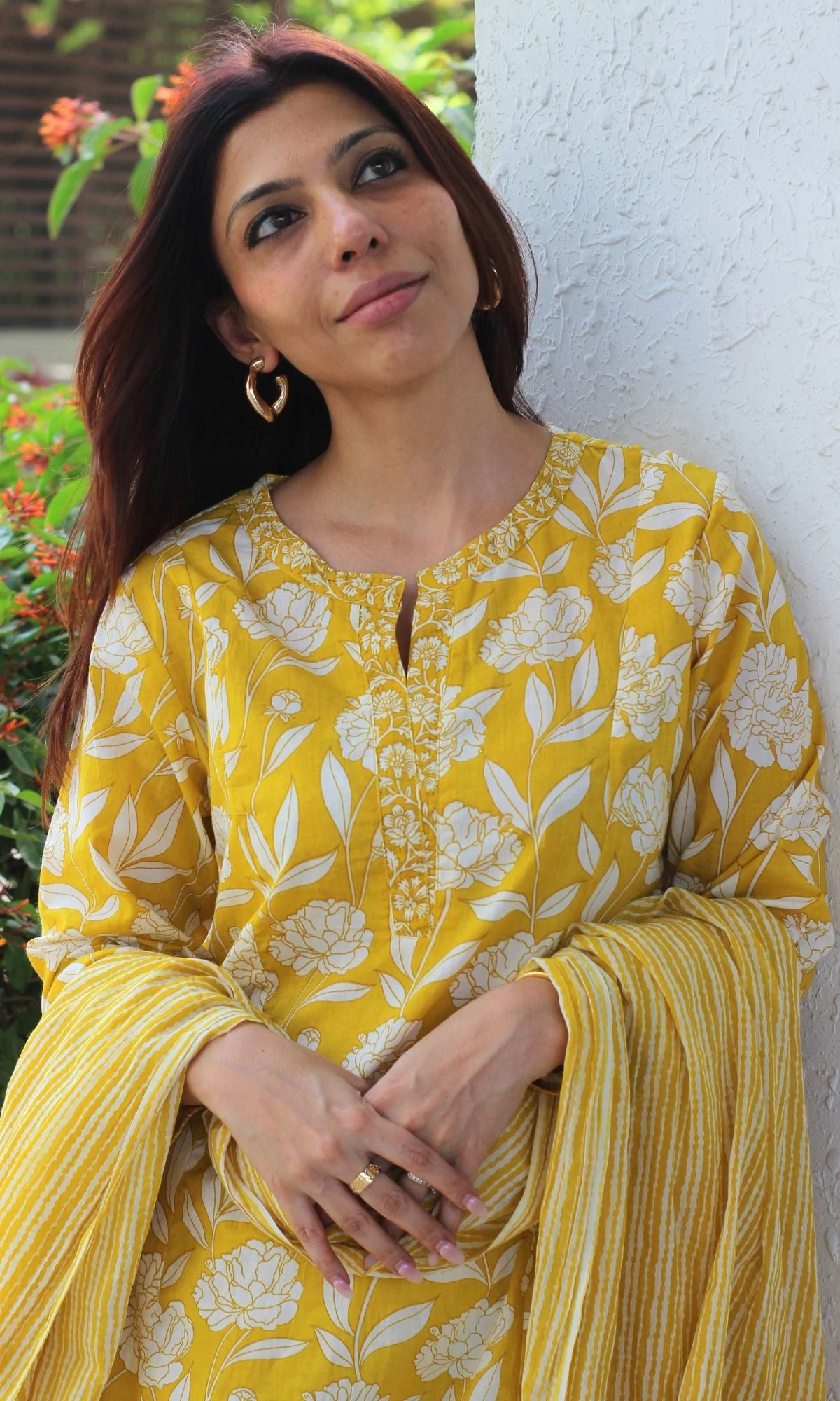 Cotton Yellow Petal Kali Kurta, Pants & Cotton Printed Dupatta - Image 2