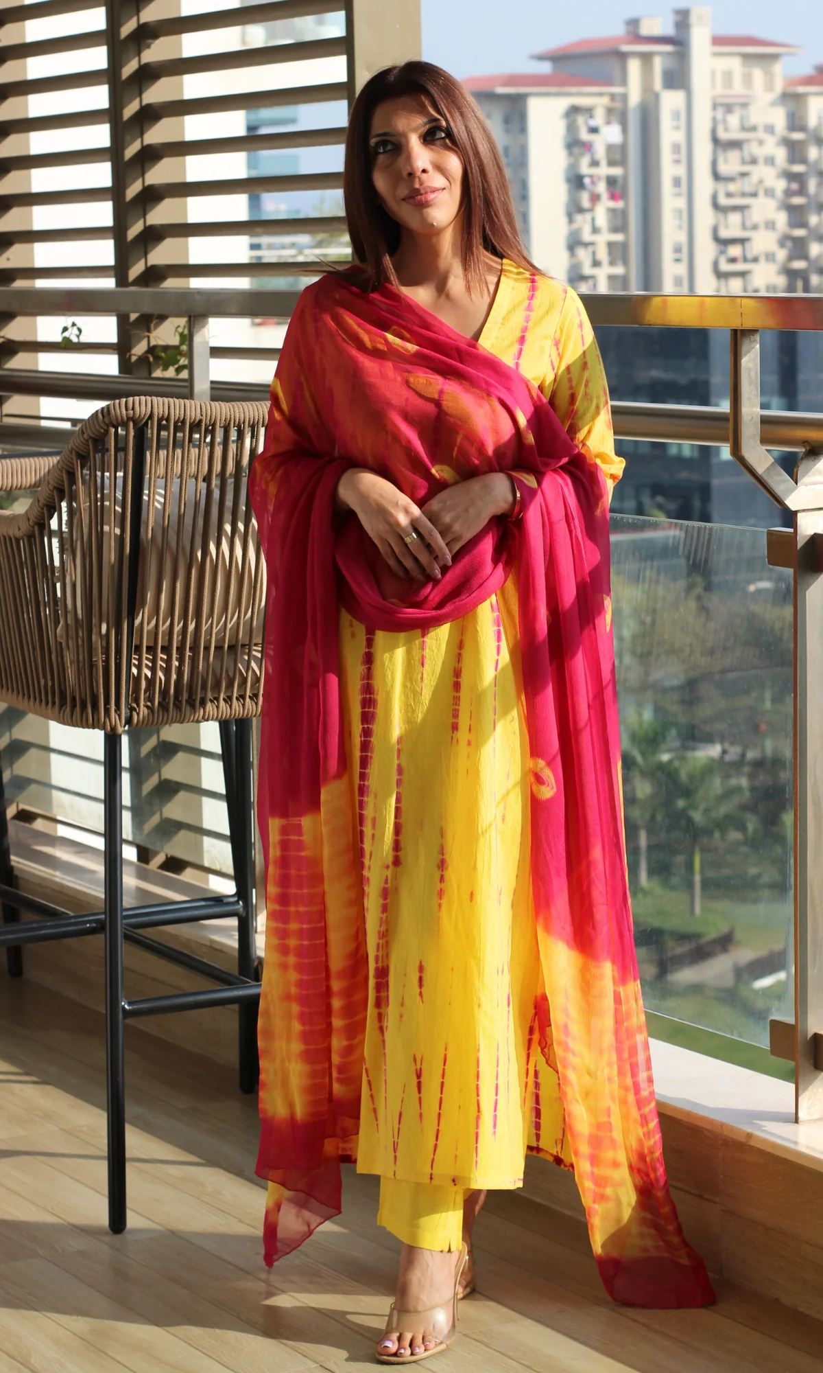 Cotton Yellow & Pink Tie & Dye Kurta, Pants & Chiffon Dupatta - Image 4