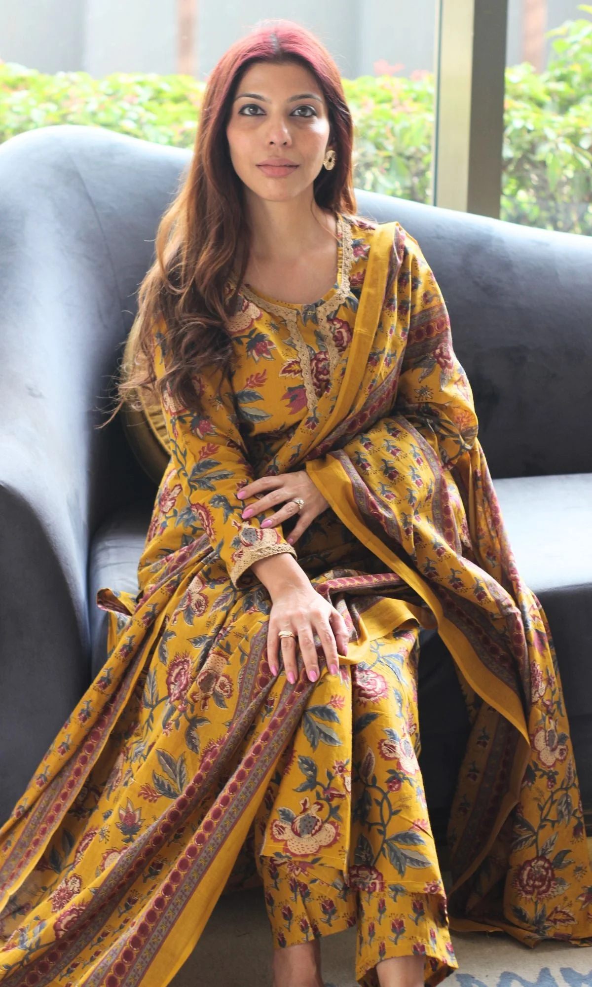 Cotton Deep Yellow Printed Suit Set with Printed Cotton Dupatta - Image 2