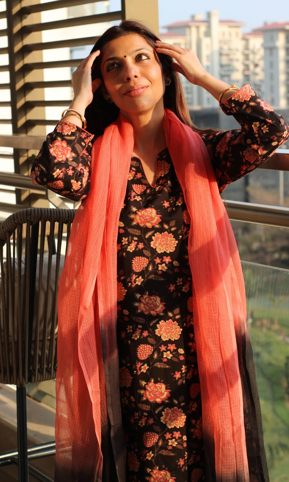 Dark Sunset Block Printed Cotton Kurta, Pant & Ombré Kota Doria Dupatta - Image 5