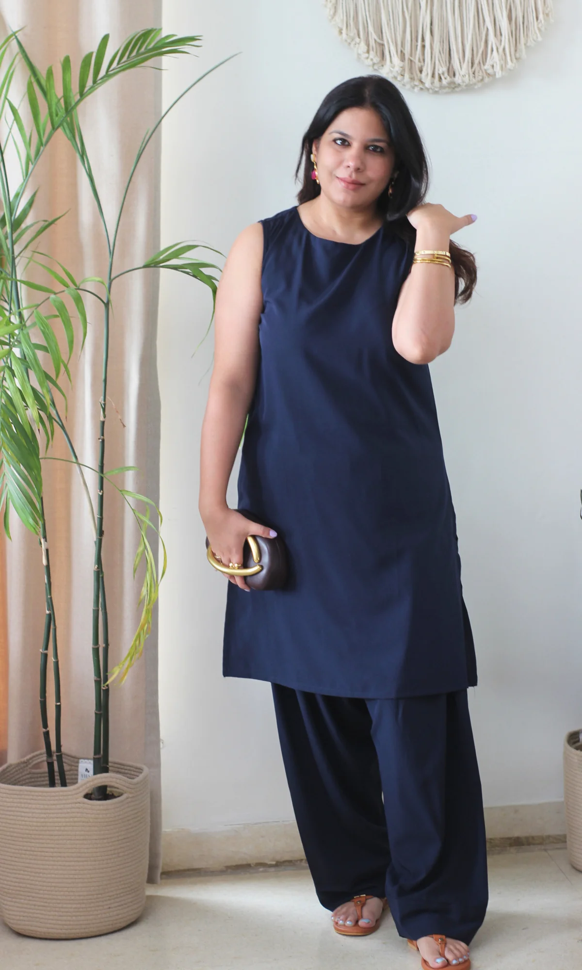 Deep Blue Glossy Boat Neck Kurta with Farshi Salwaar - Image 5