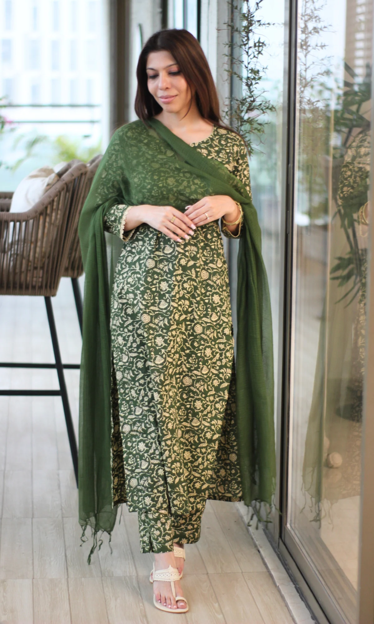 Deep Green Baagh Printed Cotton Kurta, Pant & Kota Doria Dupatta - Image 5