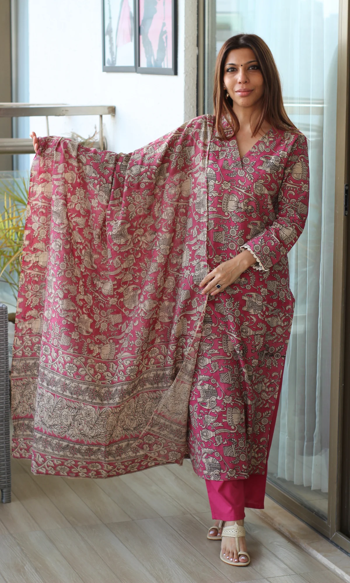 Deep Pink Handblock Kalamkari Kurta, Cotton Handblock Dupatta & Pants - Image 5