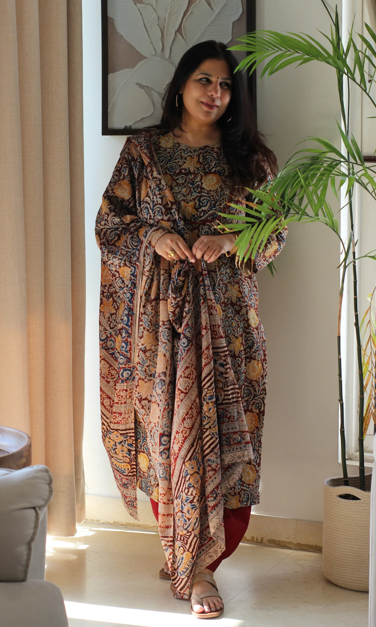 Deep Red & Yellow Flower Story Handblock Kalamkari Kurta, Dupatta & Afghani Pants - Image 5