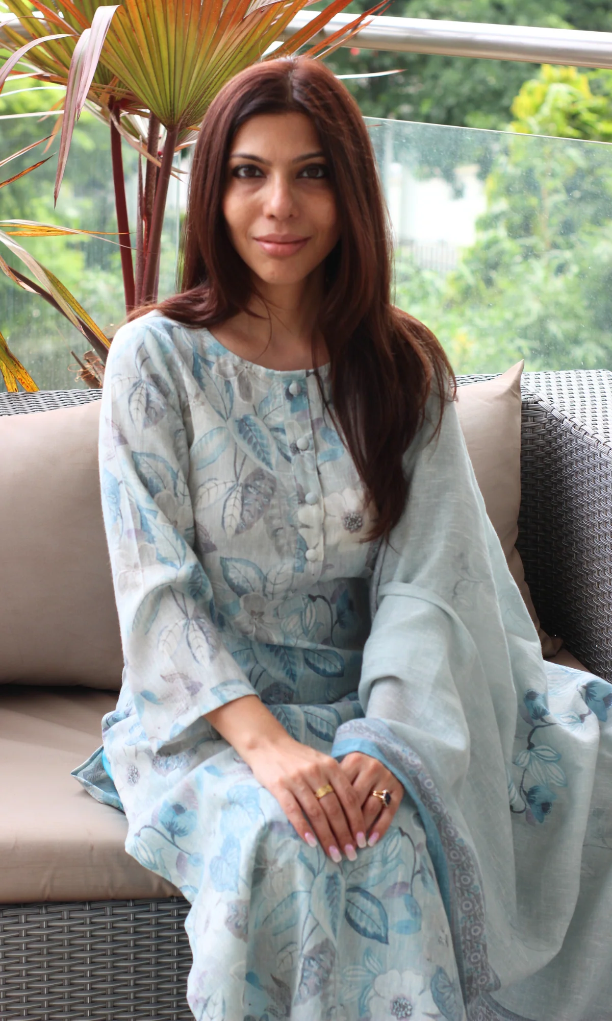Duchessé Blue Linen Blend Printed Kurta , Dupatta & Cotton Bottoms - Image 4