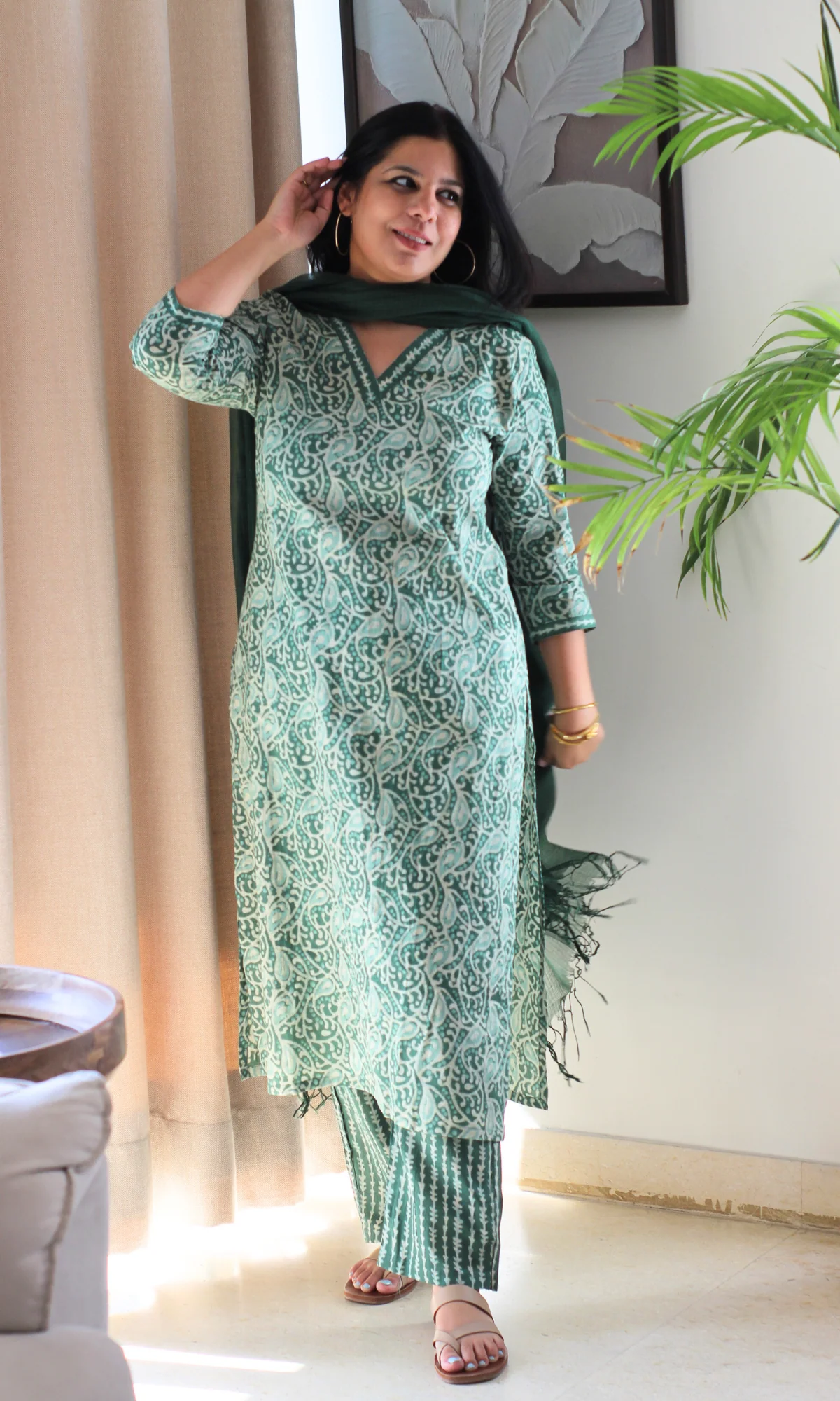 Earthy Green Dabu Printed Kurta , Pant & Kota Doria Dupatta - Image 5