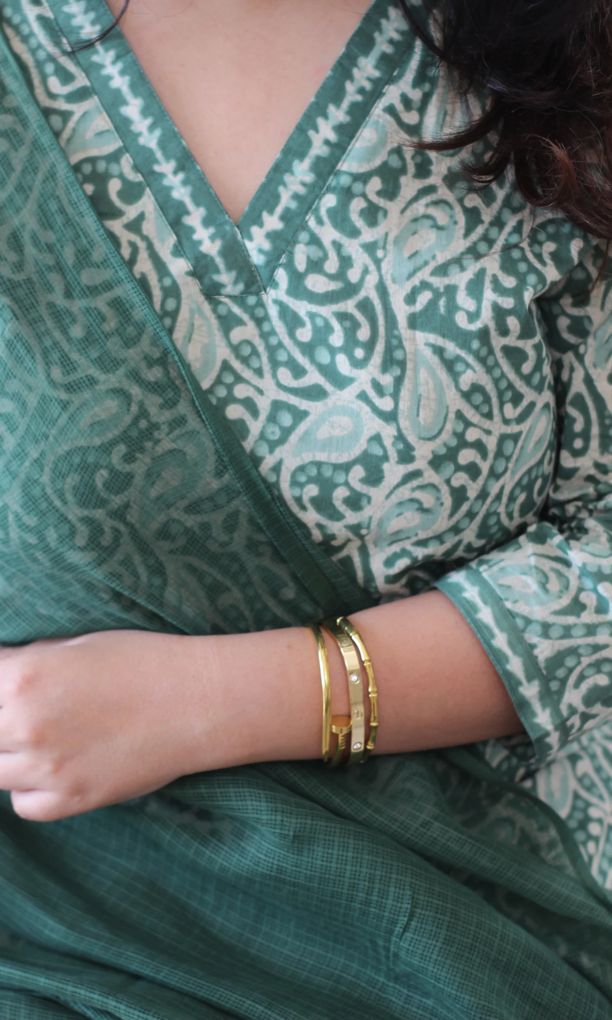 Earthy Green Dabu Printed Kurta , Pant & Kota Doria Dupatta - Image 6