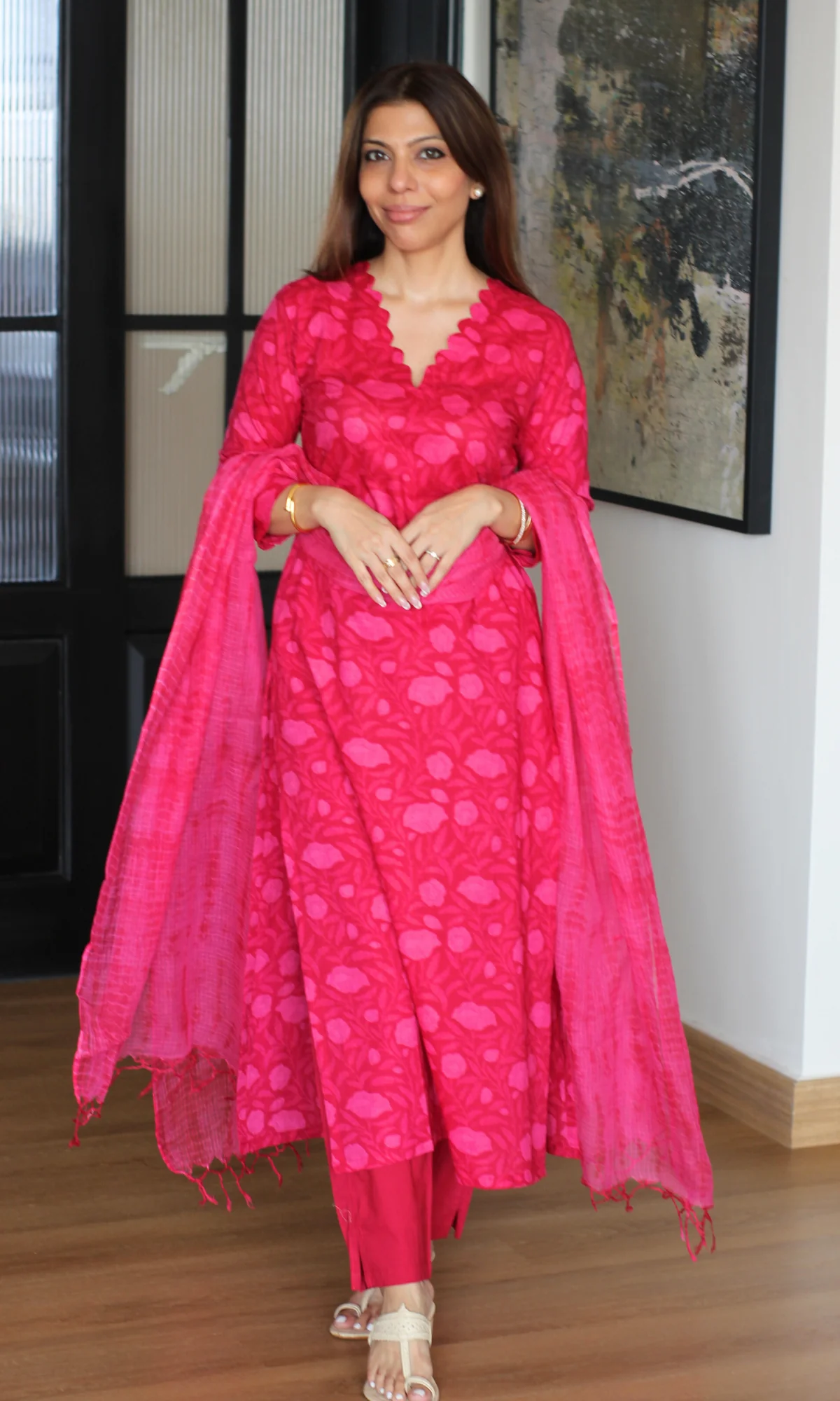 Fuschsia Love Dabu Texture Cotton Kurta, Pant & Kota Doria Shibori Dupatta - Image 3