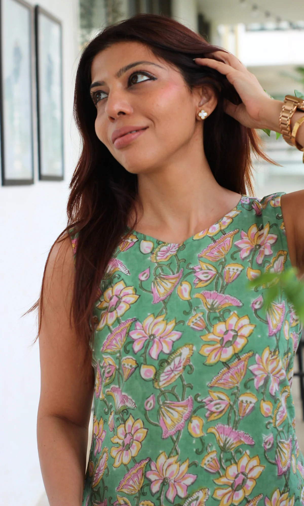 Green Cotton Handblock Print Boat Neck Straight Fit Kurta - Image 2