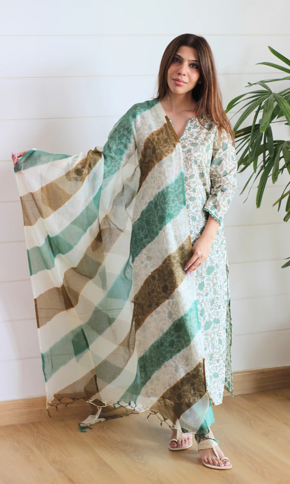 Gul Sage Printed Kurta, Solid Pants & Lehariya Kota Dupatta - Image 3