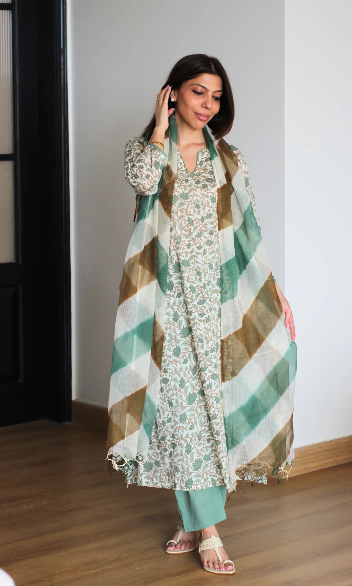 Gul Sage Printed Kurta, Solid Pants & Lehariya Kota Dupatta - Image 7