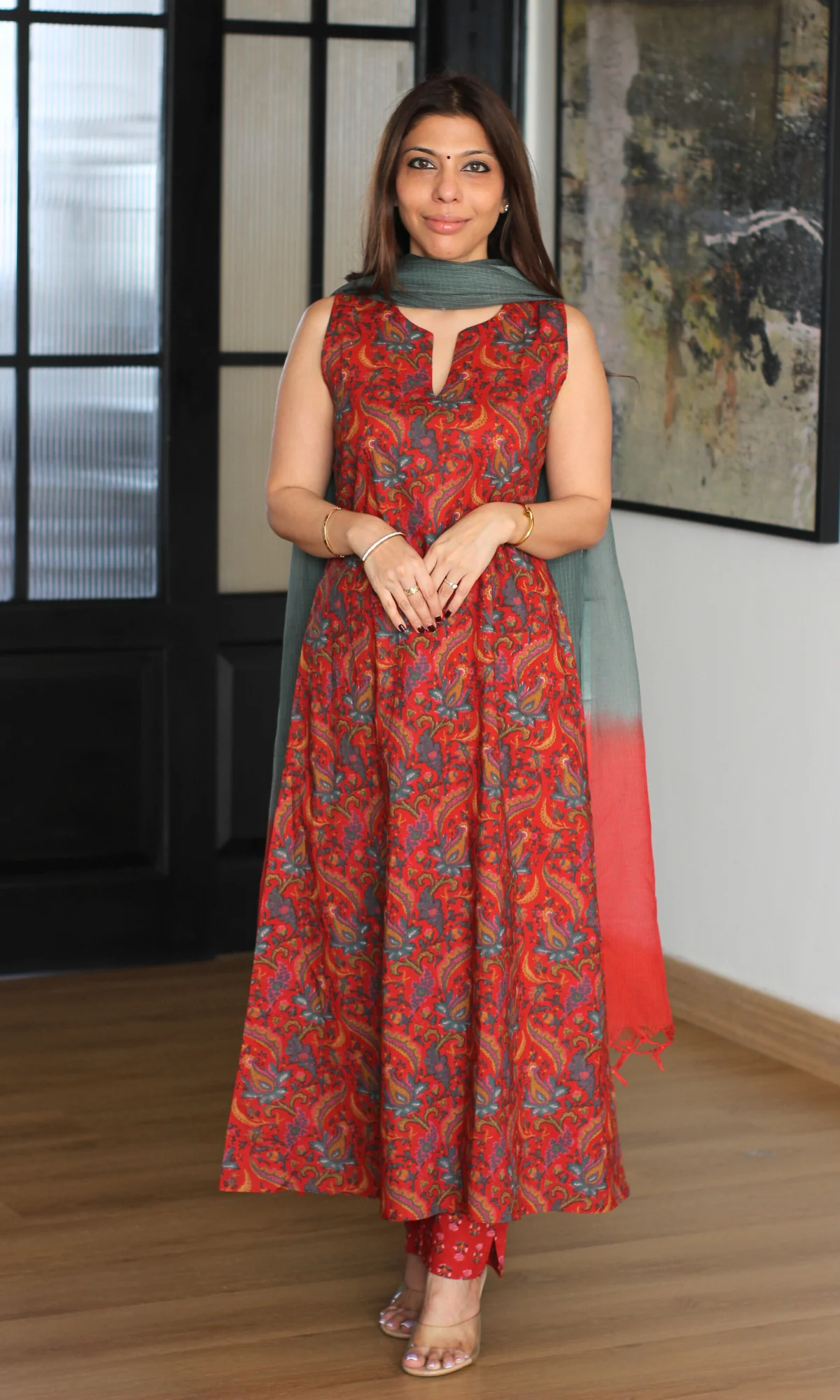 Gulnaar Red A Line Printed Kurta, Pant & Omre Kota Dupatta - Image 3
