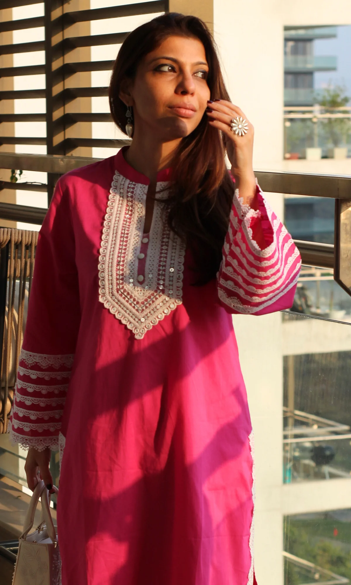 Hot Pink Afreen Thread Lace Work Cotton Kurta & Farshi Salwaar - Image 2