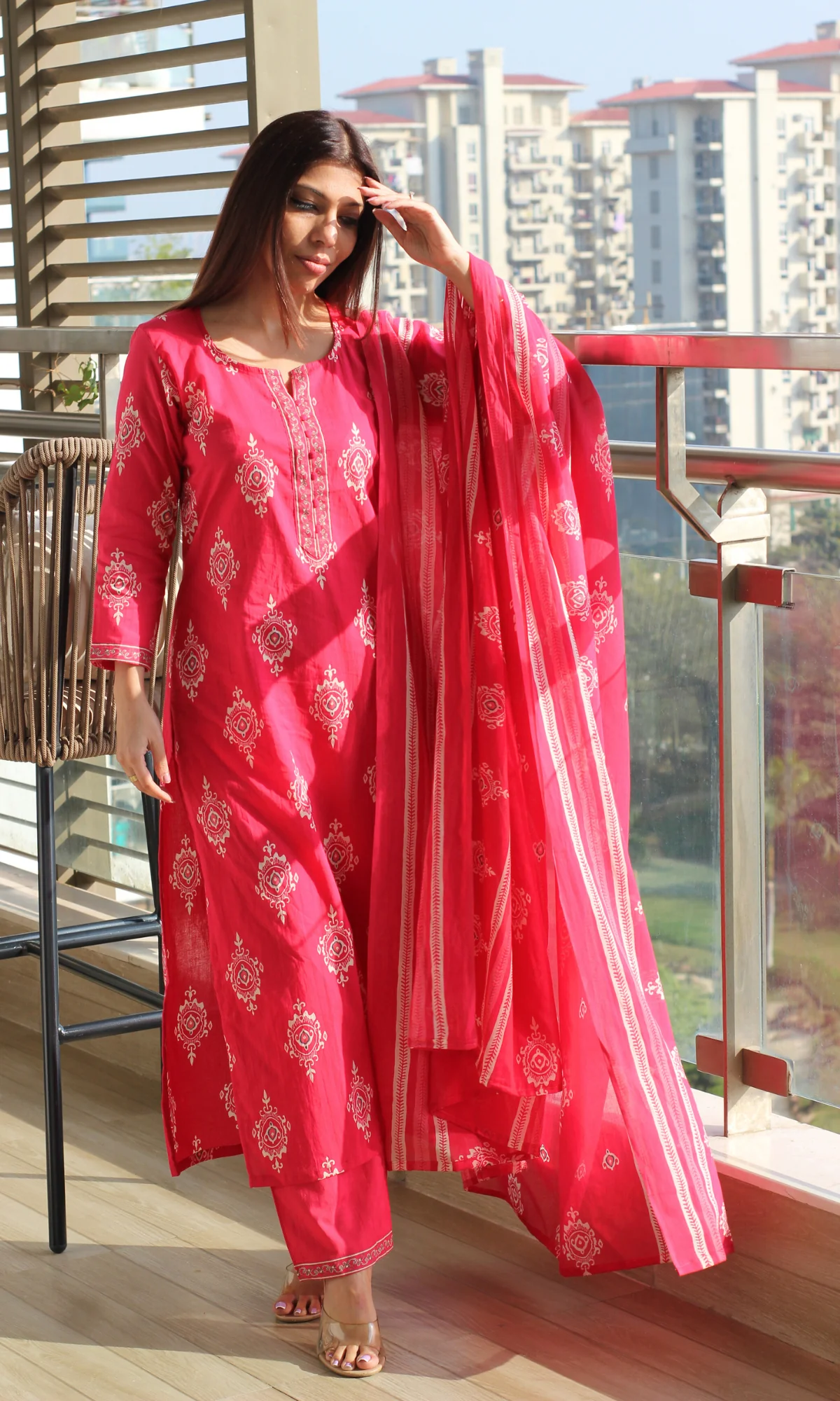 Hot Pink Boota Print Cotton Kurta , Pant & Printed Dupatta - Image 5