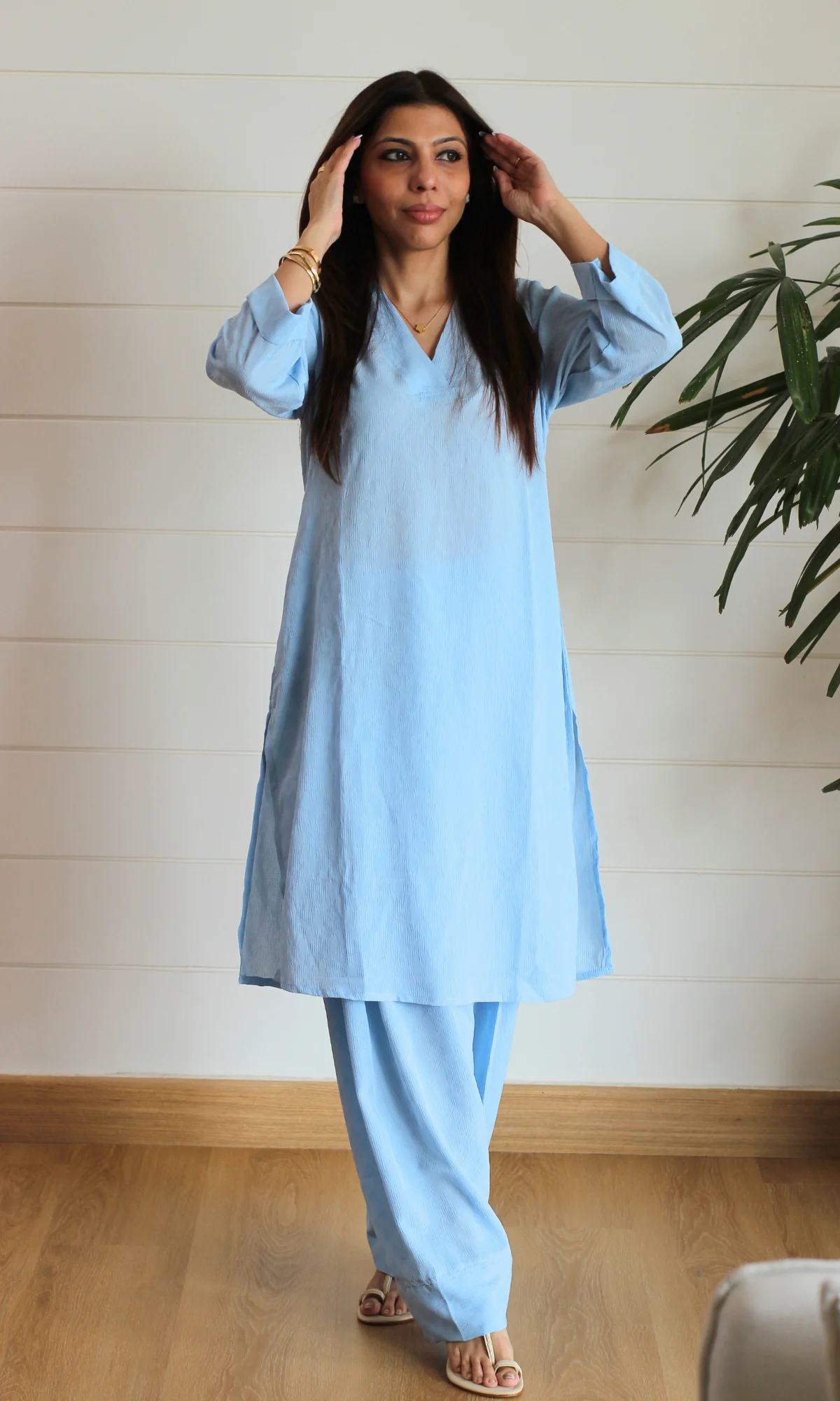 Ice Blue Textured Kurta with Farshi Salwaar - Image 5