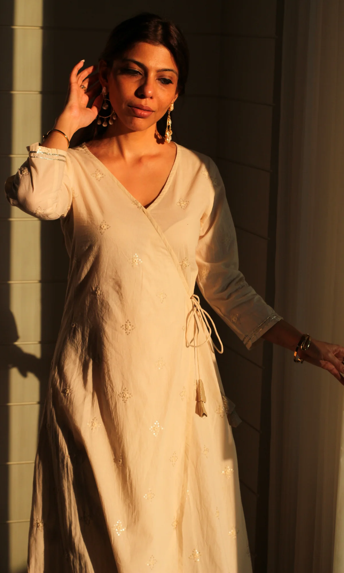Ivory Embroidered Cotton Angrakha Kurta & Pants - Image 5