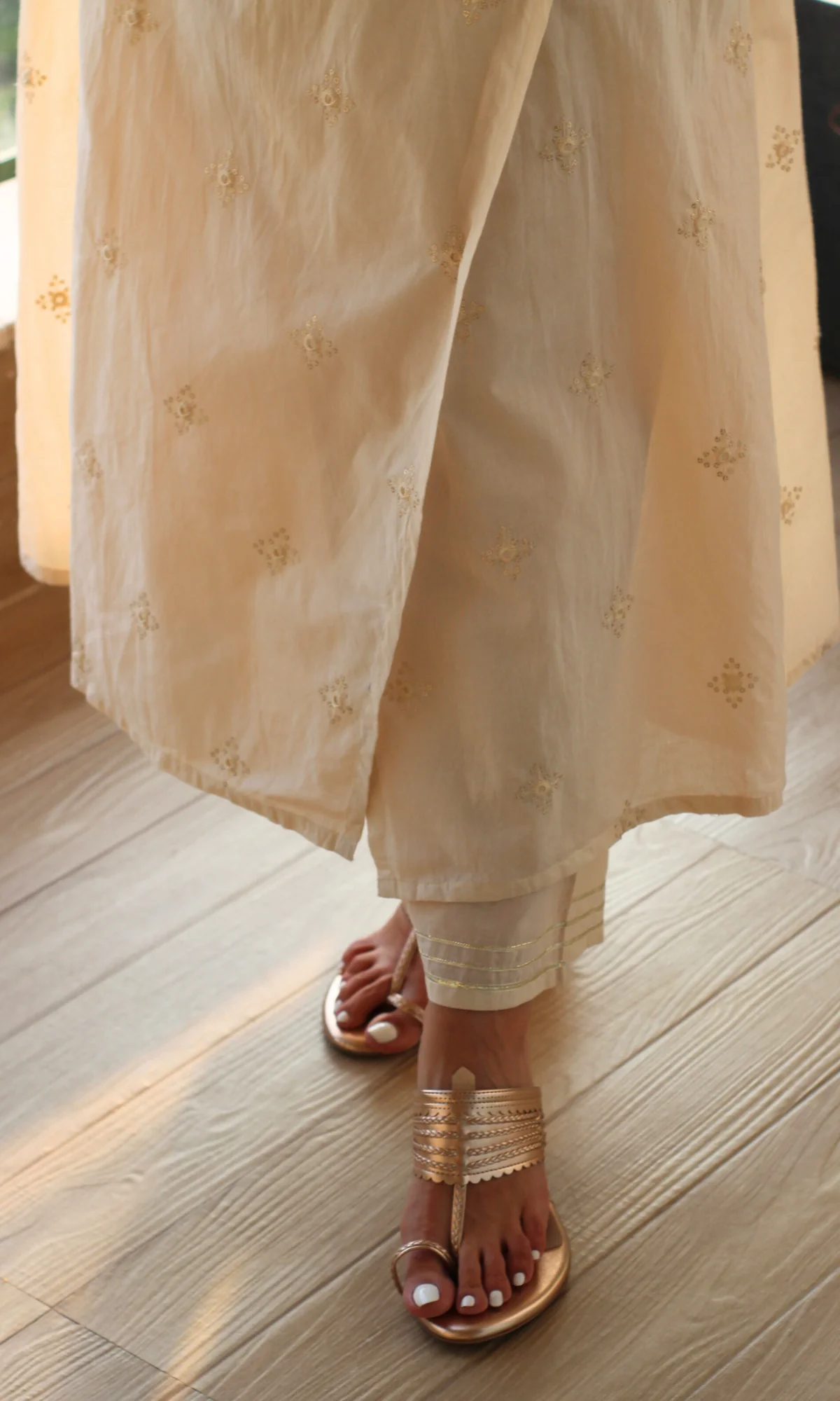 Ivory Embroidered Cotton Angrakha Kurta & Pants - Image 6