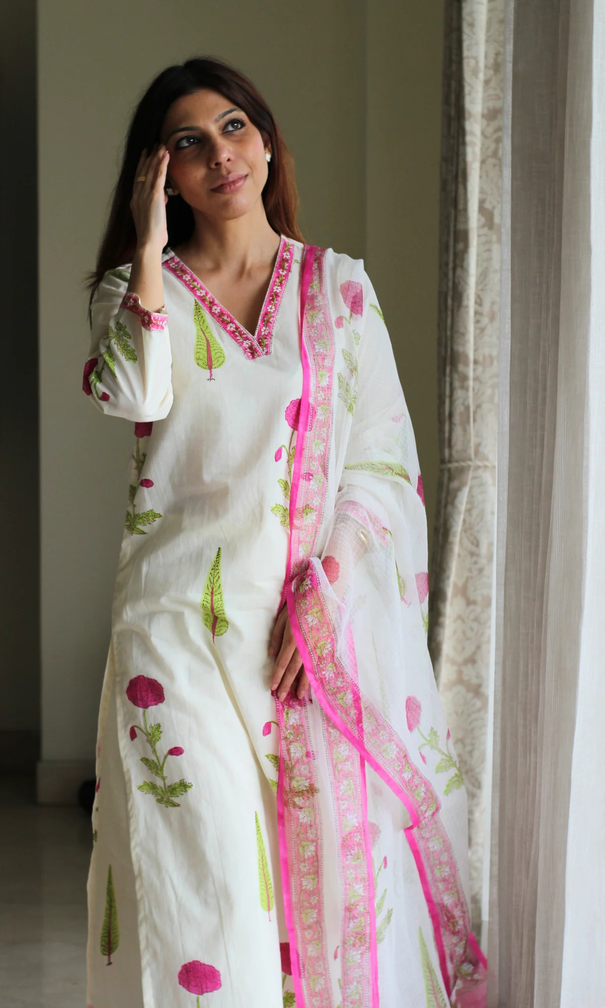 Ivory Gulbagh Handblock Print Cotton Kurta, Pant & Kota Doria Printed Dupatta - Image 2