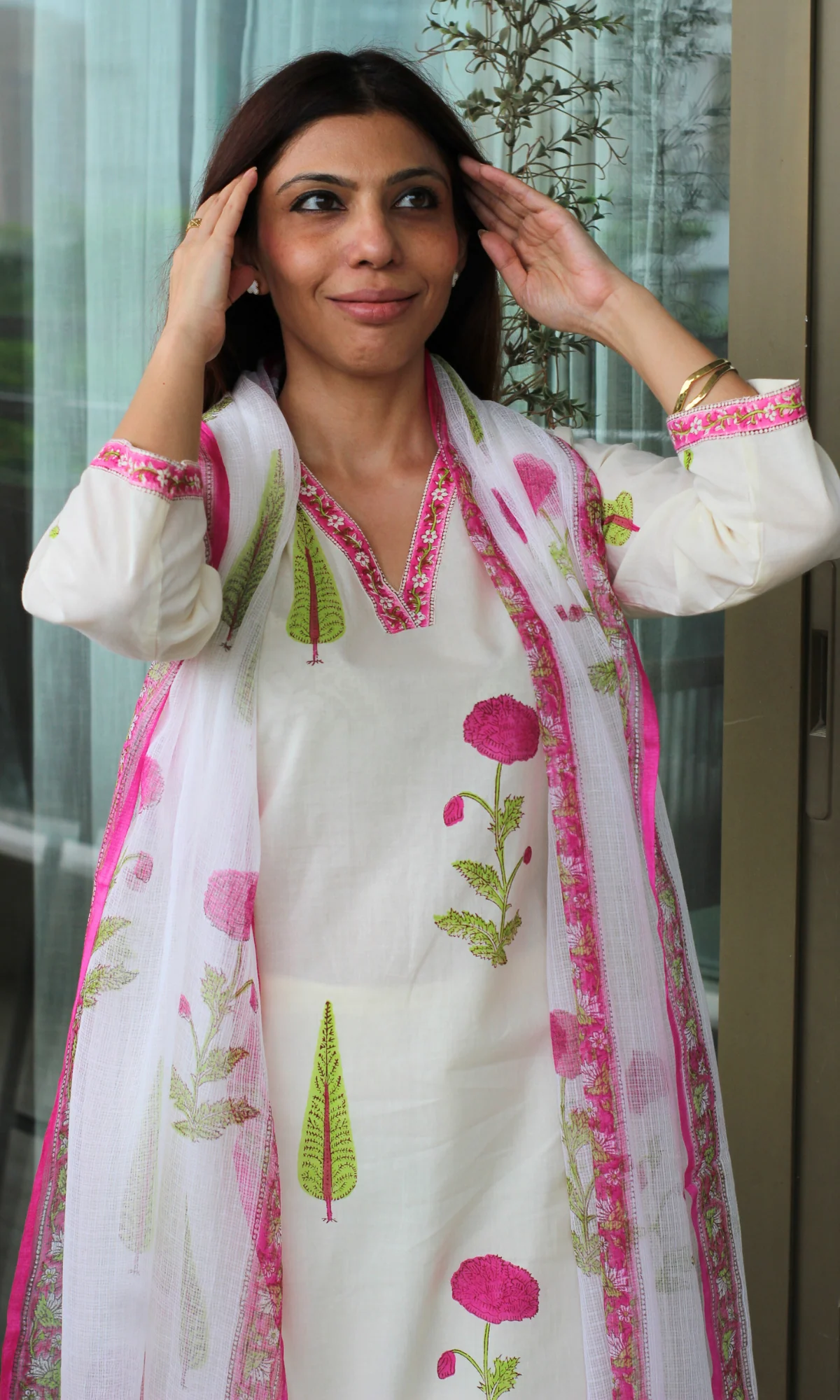 Ivory Gulbagh Handblock Print Cotton Kurta, Pant & Kota Doria Printed Dupatta - Image 4