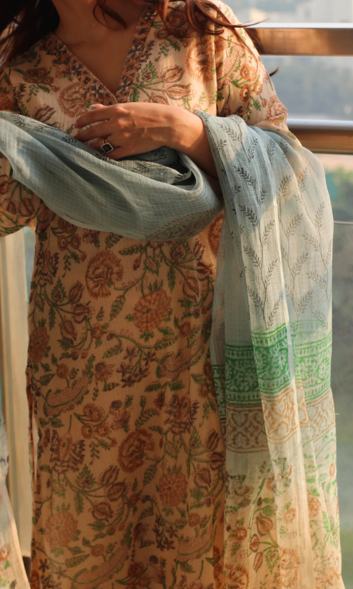 Kota Doria Beige Aqua Handblock Kalamkari Kurta, Dupatta & Cotton Pants - Image 5