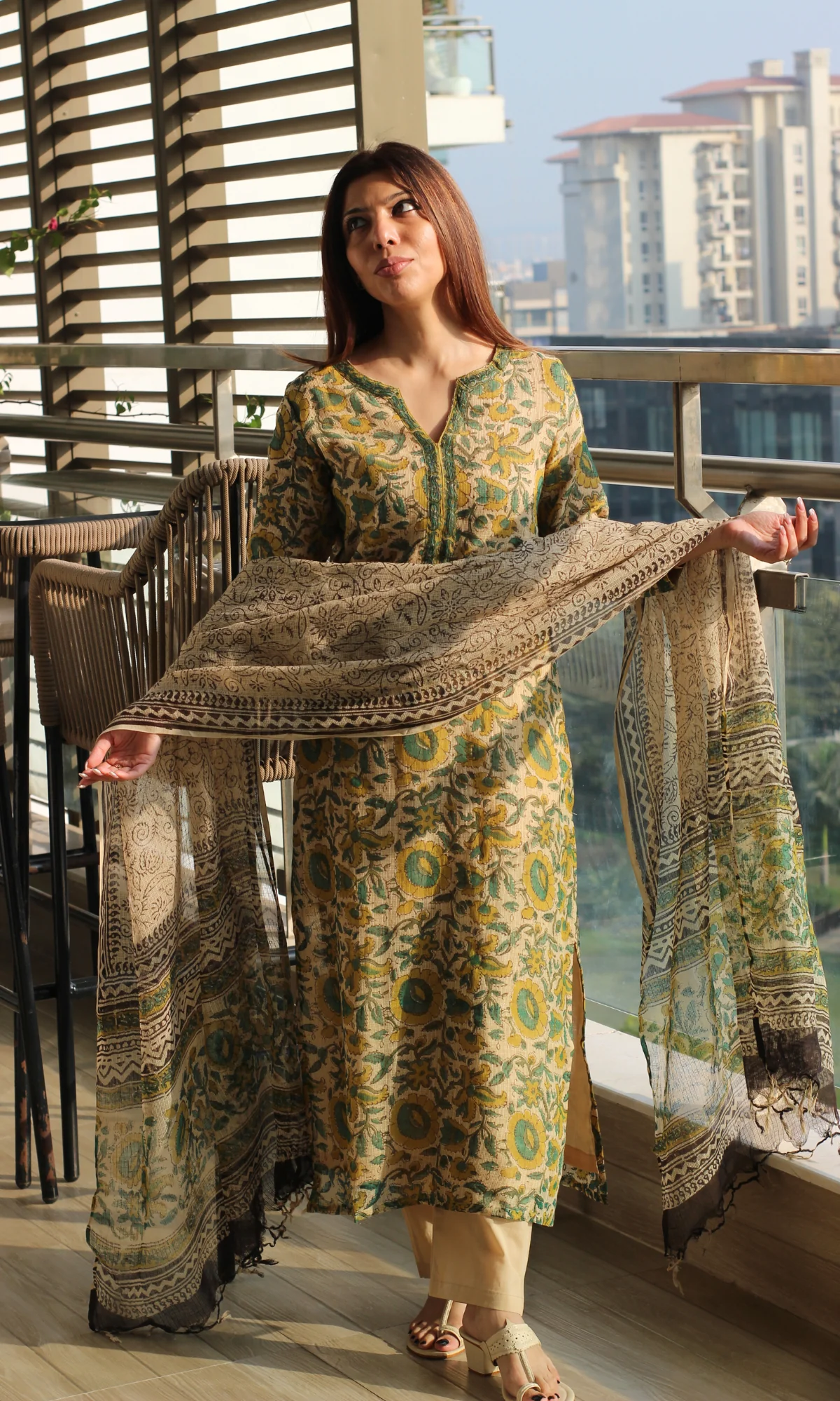 Kota Doria Beige & Yellow Kalamkari Handblock Print Kurta and Dupatta with Cotton Pants - Image 2