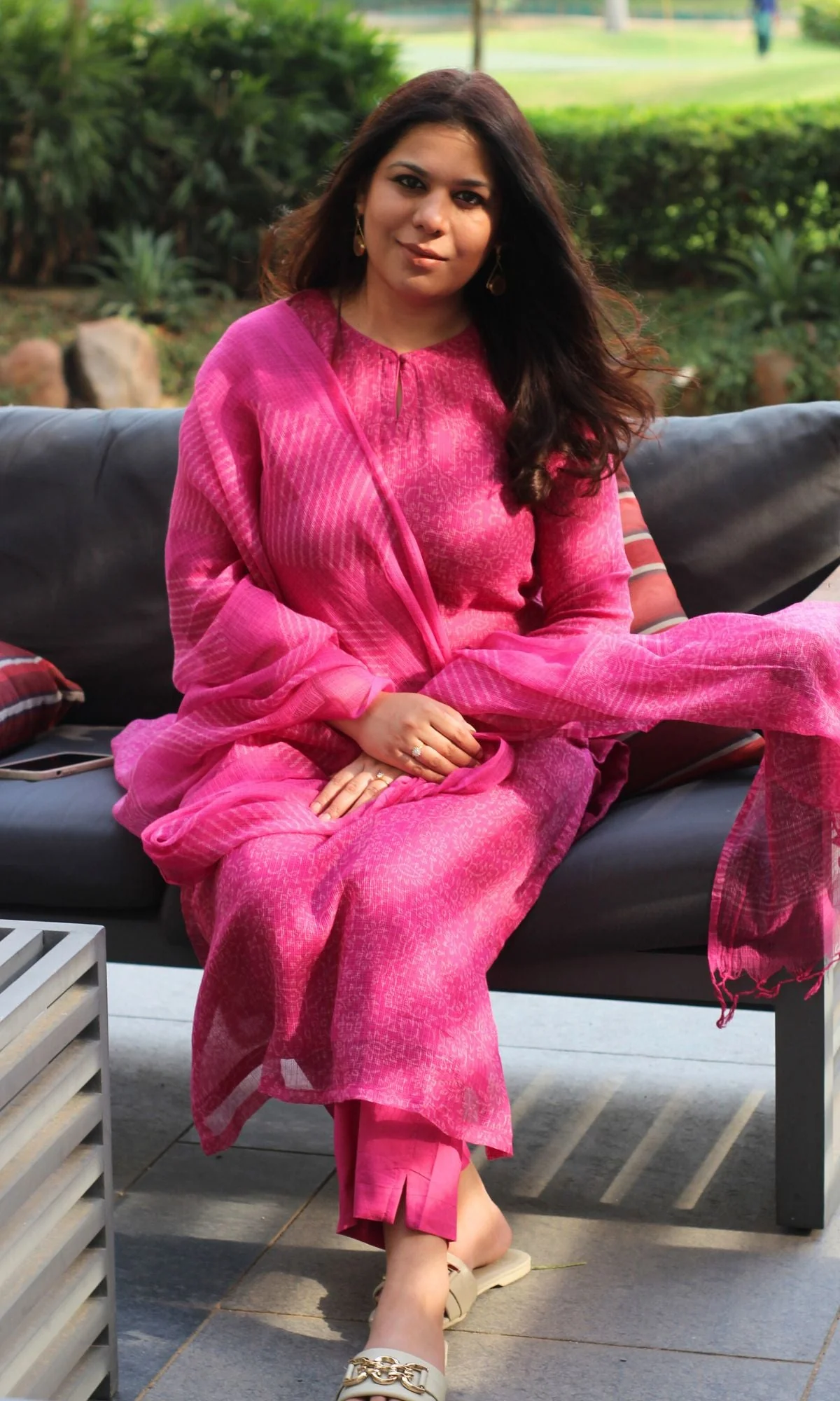 Kota Doria Handblock Pink Kurta and Dupatta with Cotton Pants - Image 3