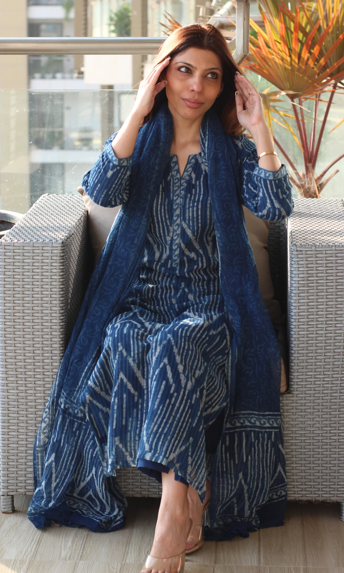 Kota Doria Indigo Geometric Handblock Print Kurta and Dupatta with Cotton Pants - Image 3