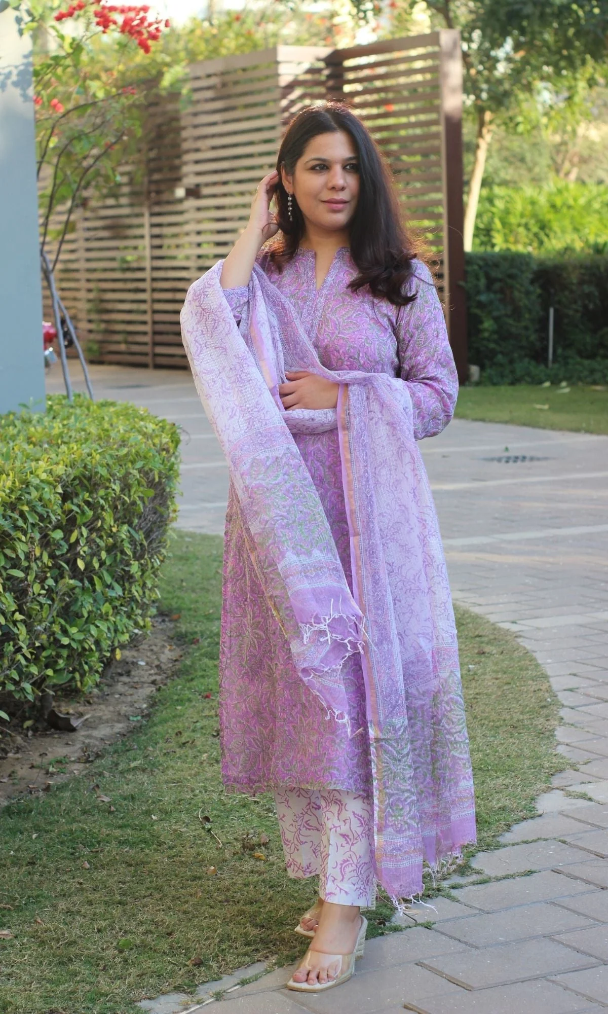 Kota Doria Lavender Suit Set with Printed Kota Doria Dupatta - Image 4