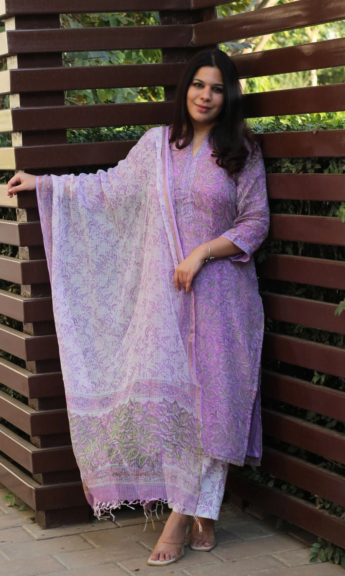 Kota Doria Lavender Suit Set with Printed Kota Doria Dupatta - Image 5