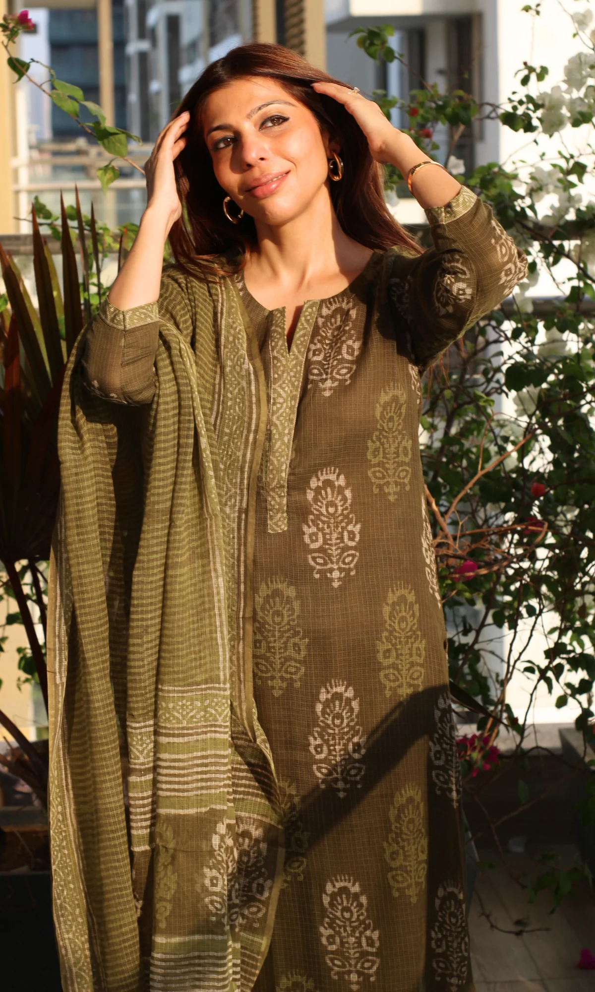 Kota Doria Olive Green Handblock Print Kurta and Dupatta with Cotton Pants - Image 5