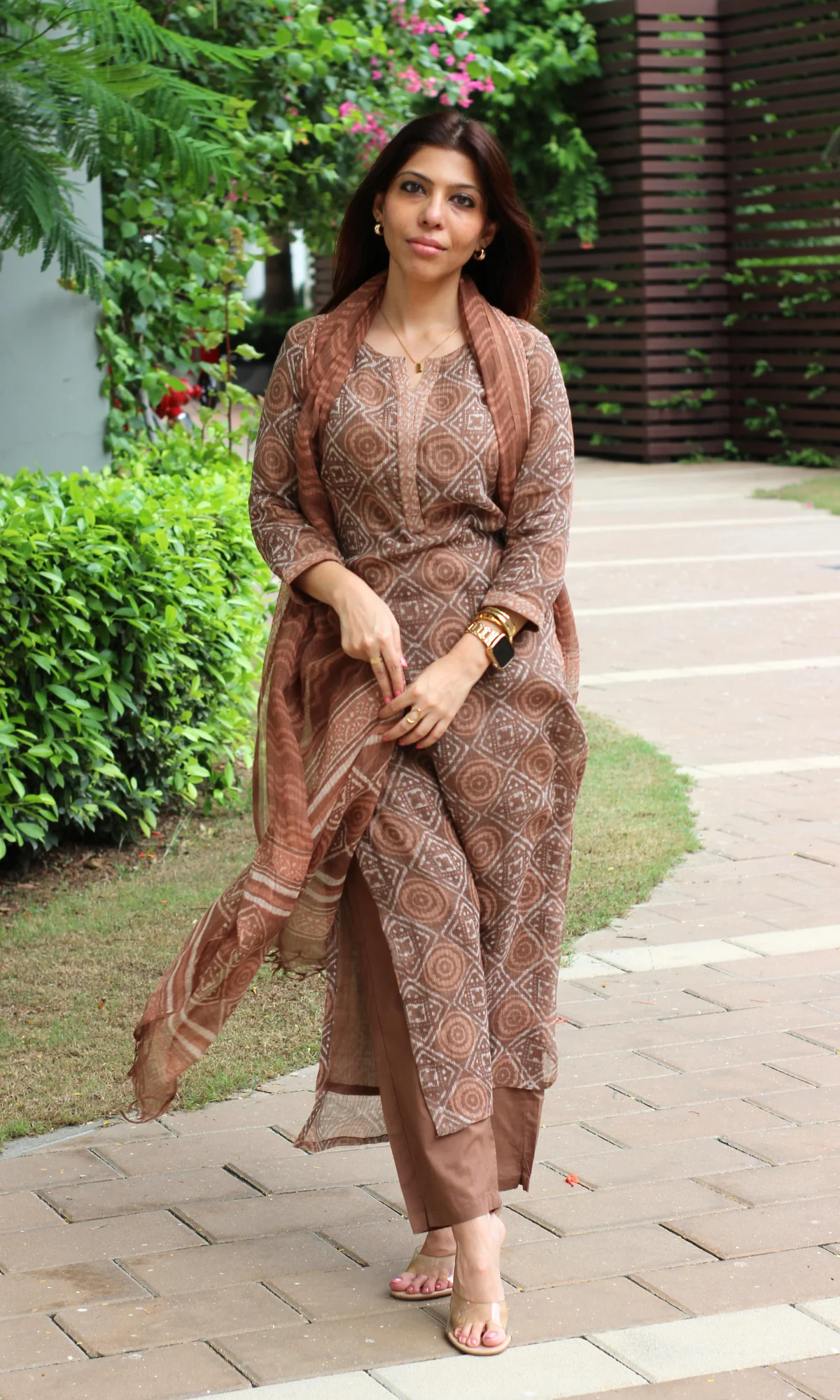 Kota Doria Sandalwood Handblock Print Kurta, Dupatta with Cotton Pants - Image 6