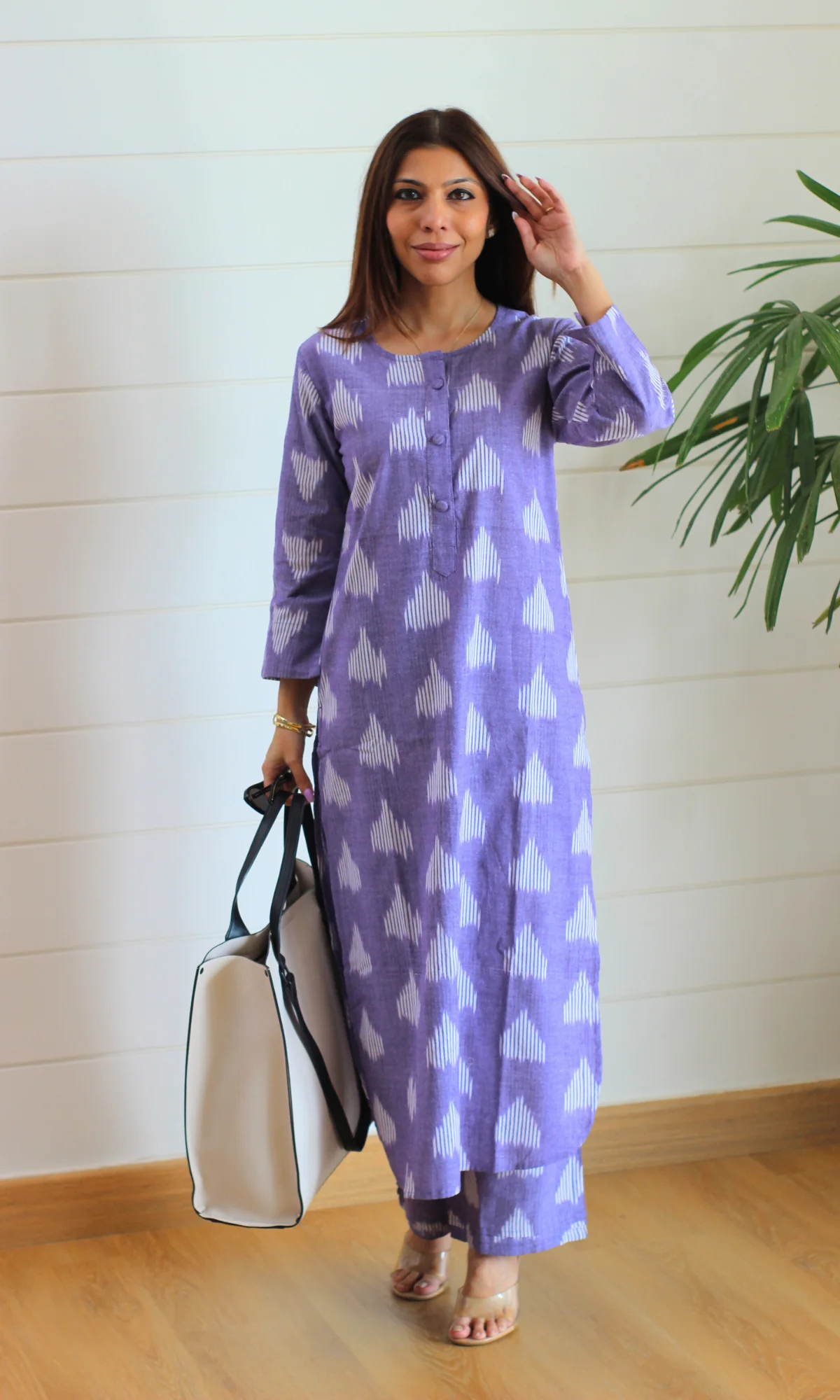 Lavender Haze Ikat Buttoned Kurta with Pintuck Pleated Pants - Image 2