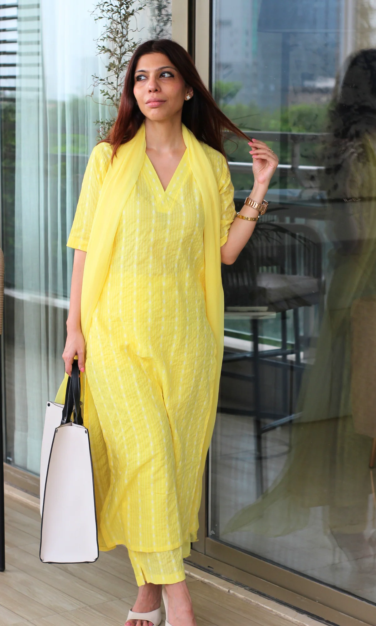 Lemon Zest Cotton Kantha Kurta, Pant & Chiffon Dupatta - Image 3