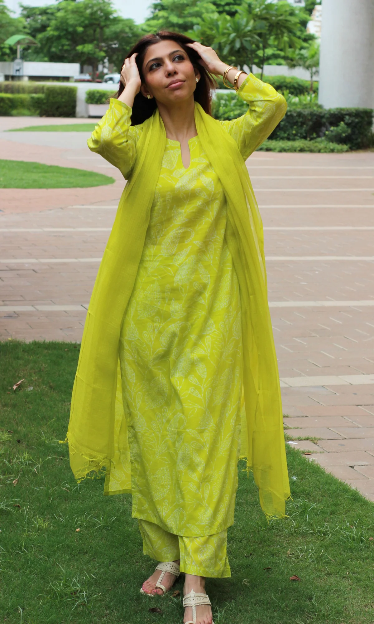 Lime Paisley Printed Cotton Kurta, Pant & Kota Doria Dupatta - Image 3