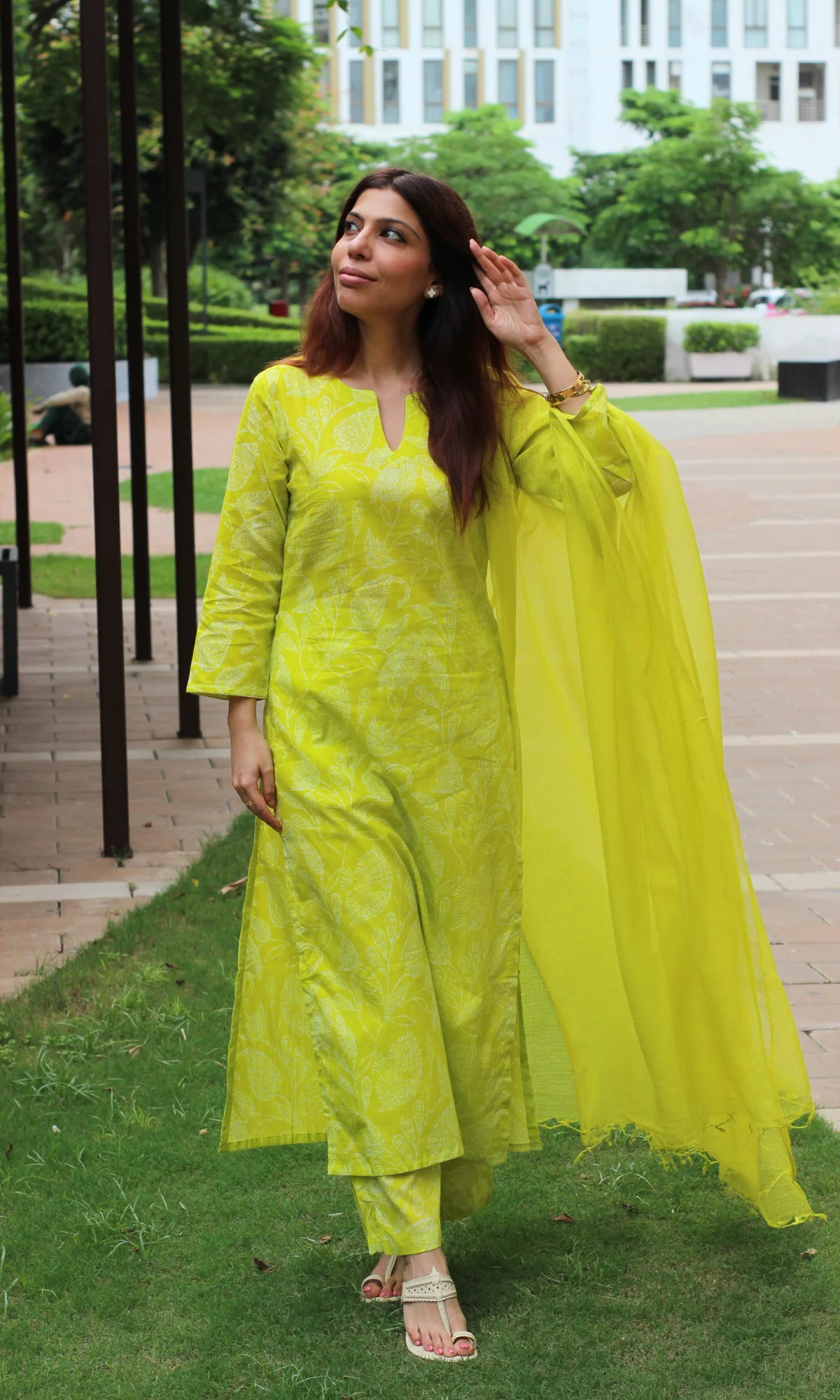 Lime Paisley Printed Cotton Kurta, Pant & Kota Doria Dupatta - Image 4