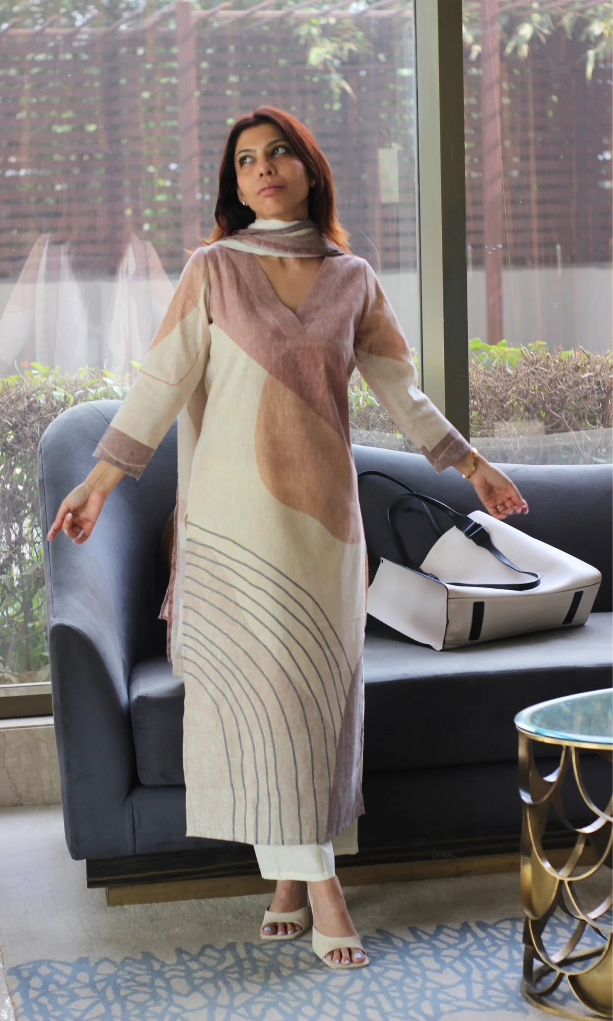 Linen Blend Beige Tone Abstract Print Kurta , Dupatta with Cotton Pants - Image 4
