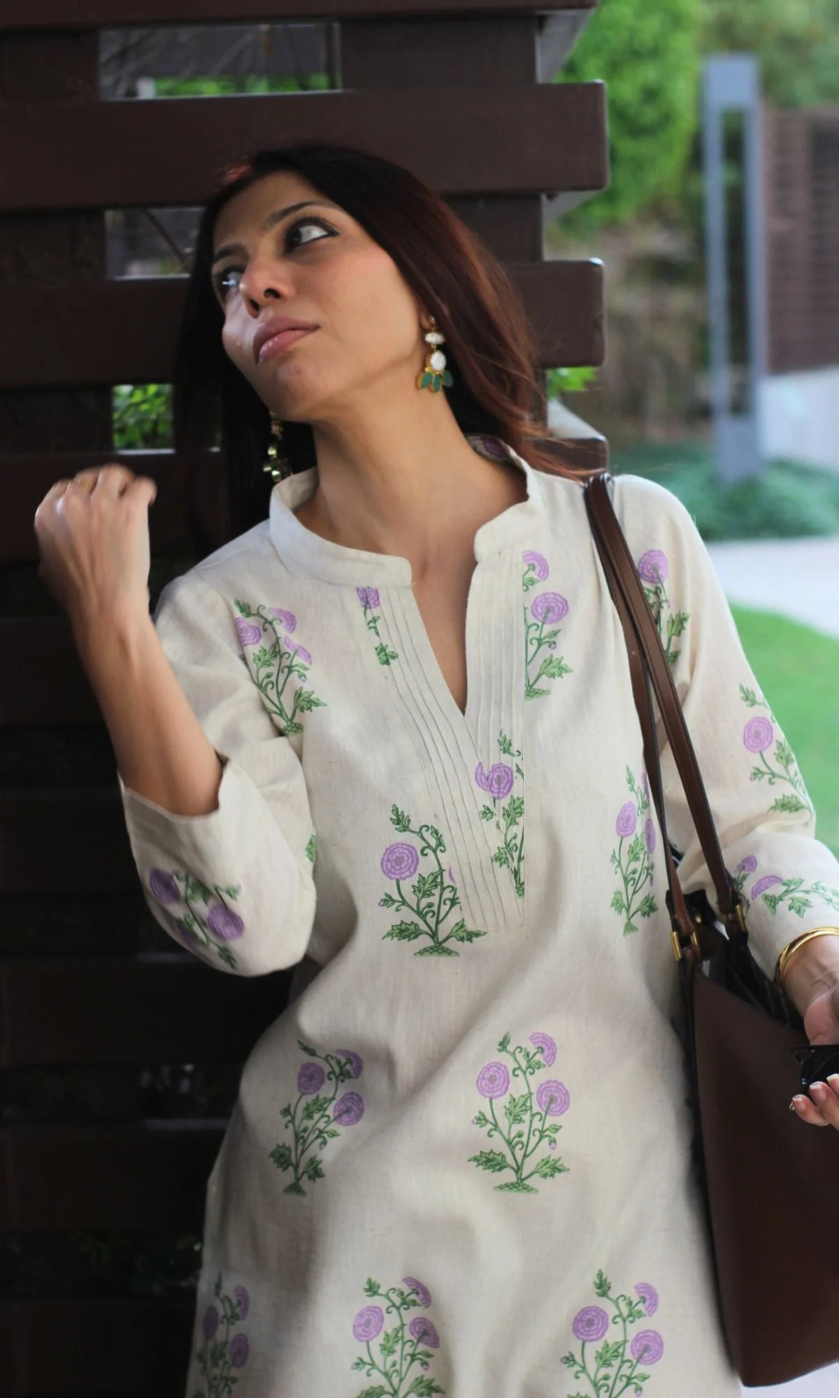 Linen Blend Mughal Lavender Bloom Print Kurta with Cotton Pants - Image 4
