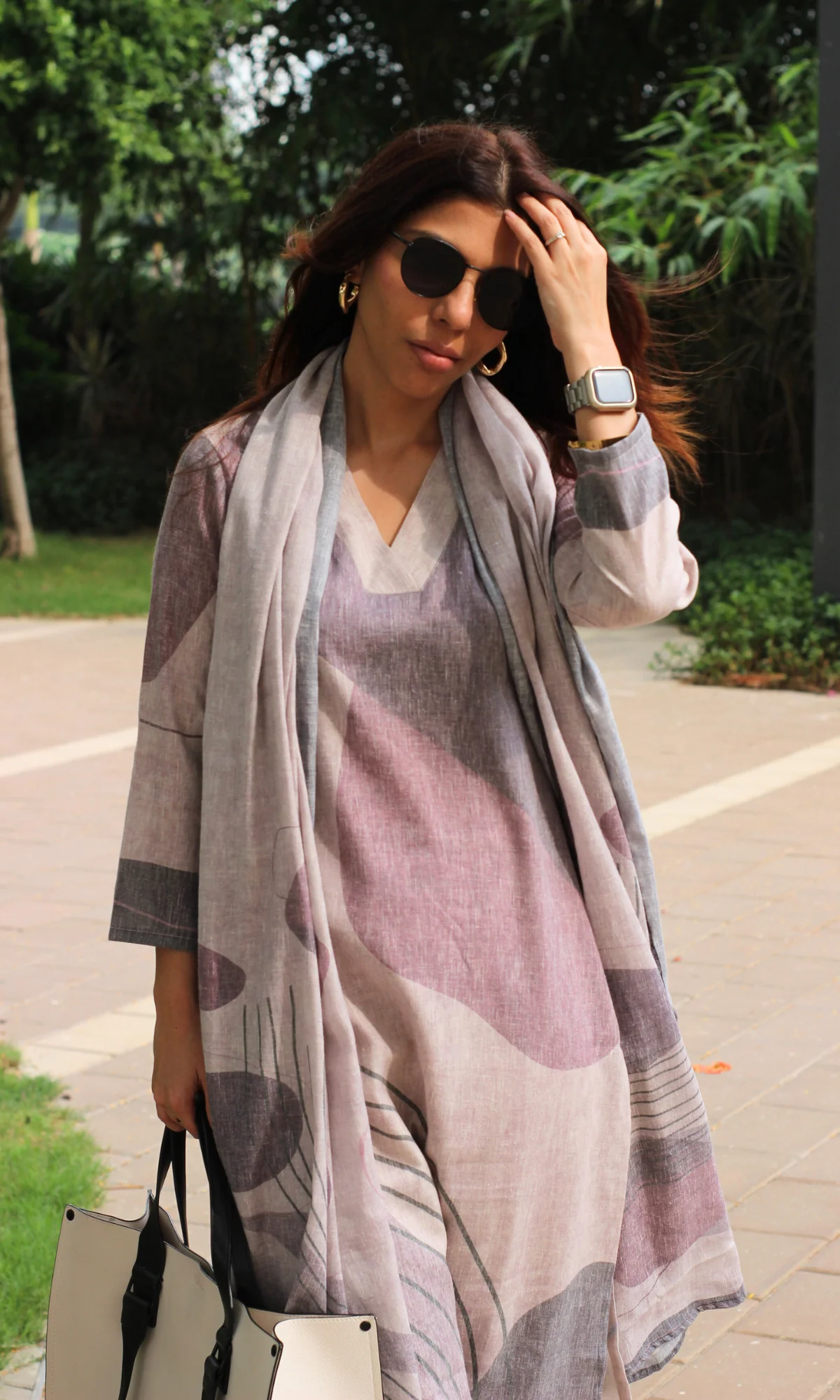 Linen Blend Purple Basil Abstract Print Kurta , Dupatta with Cotton Pants - Image 2