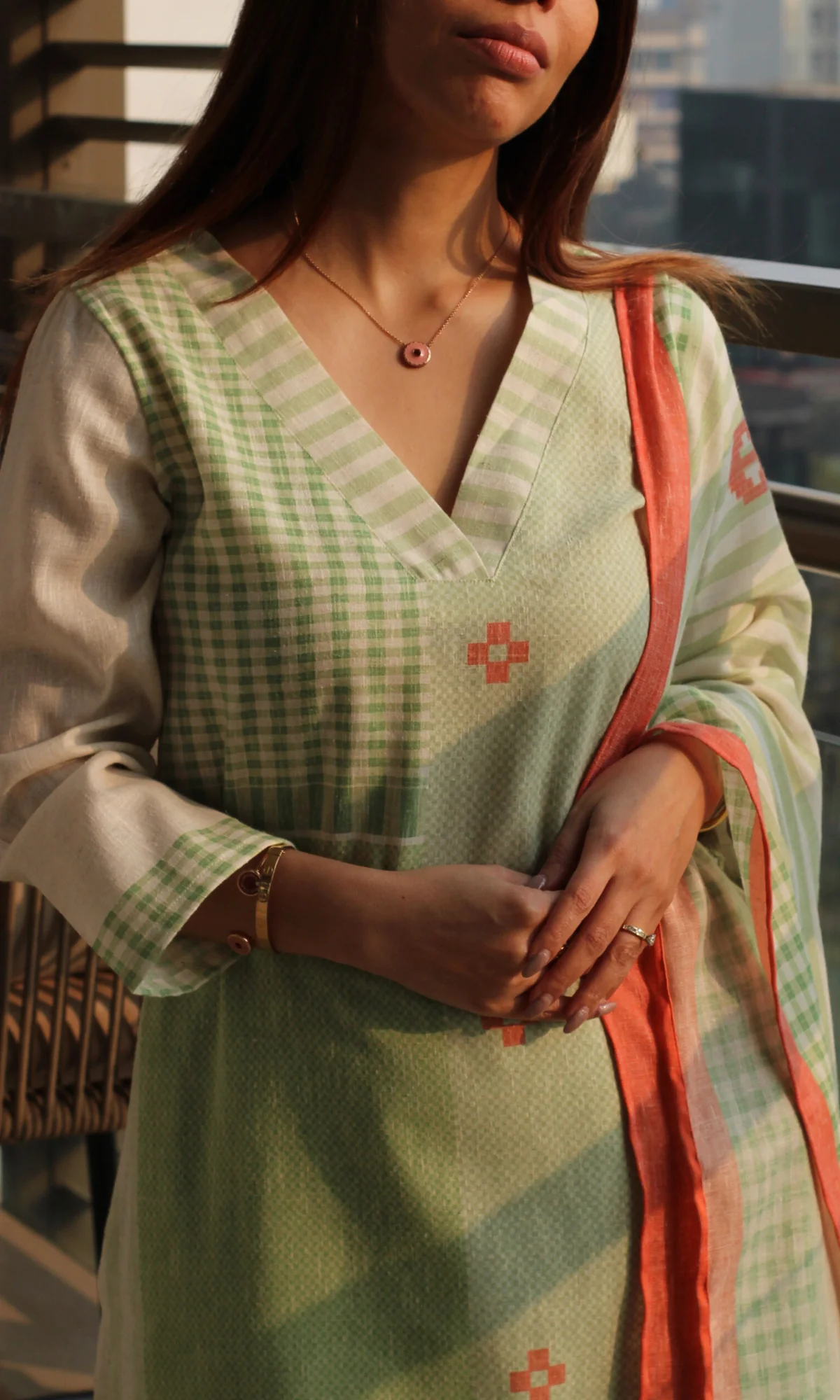 Linen Blend Sage Sukoon Printed Kurta, Dupatta & Cotton Pants - Image 2