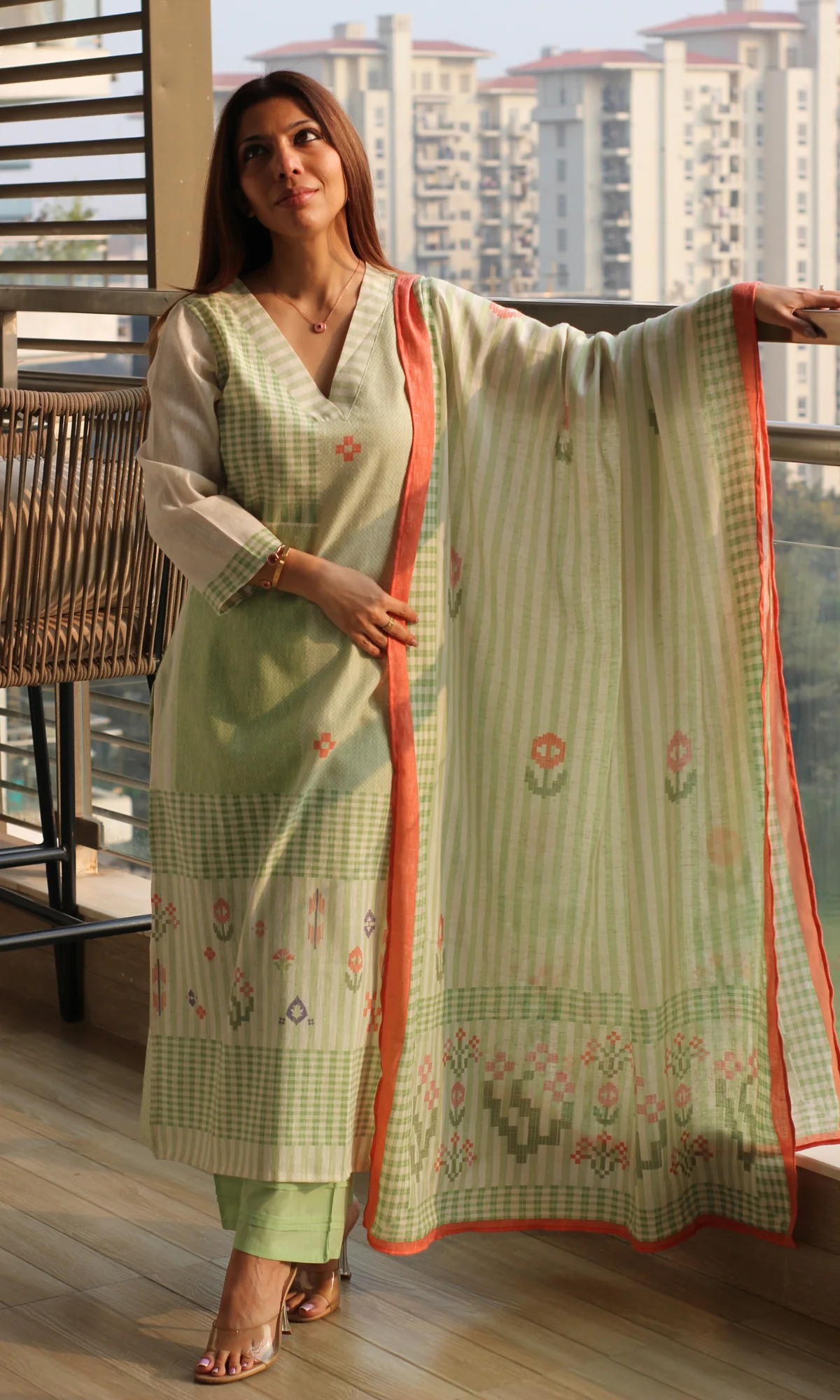 Linen Blend Sage Sukoon Printed Kurta, Dupatta & Cotton Pants - Image 3